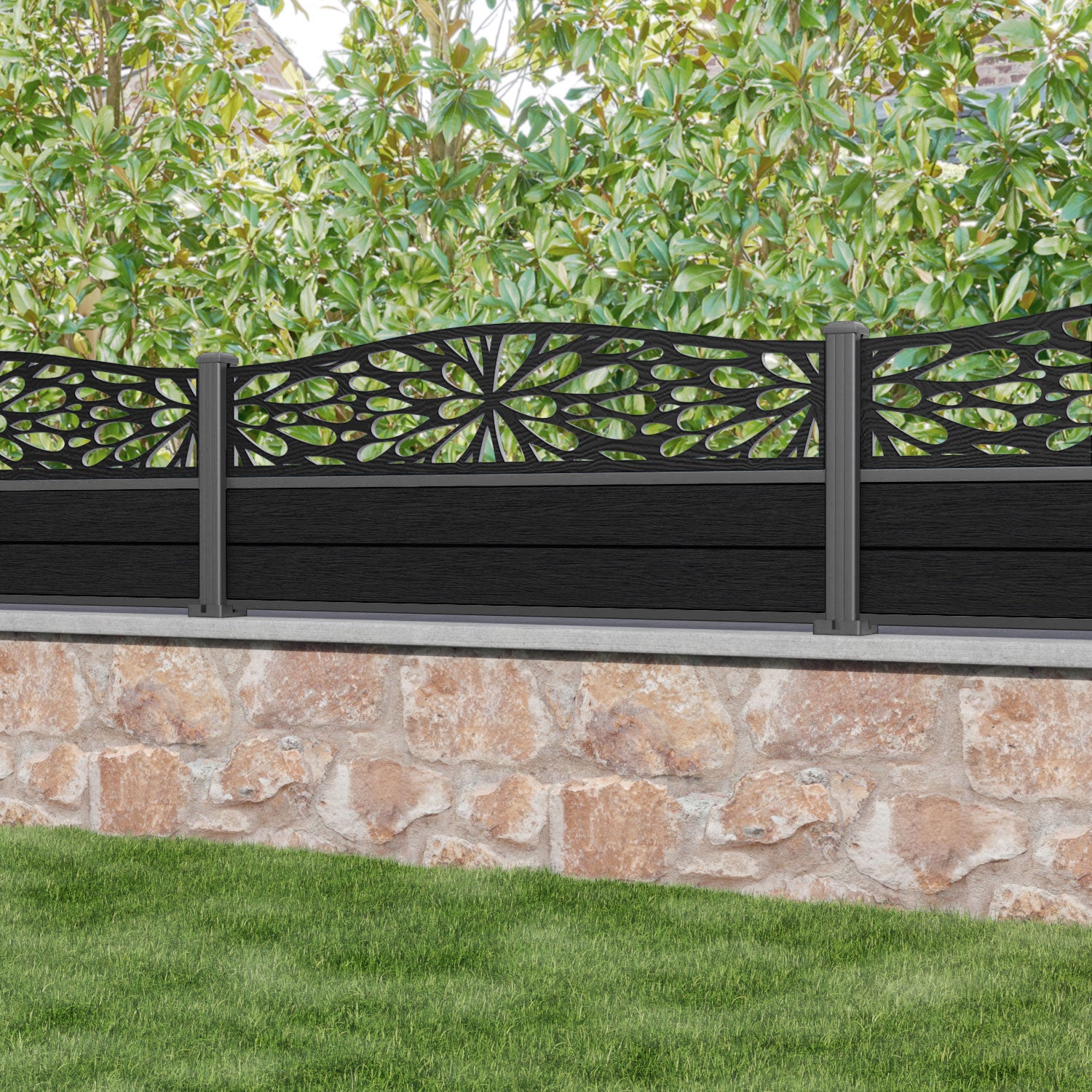 Fusion Blossom Curved Top Fence Panel - Black - with our aluminium posts