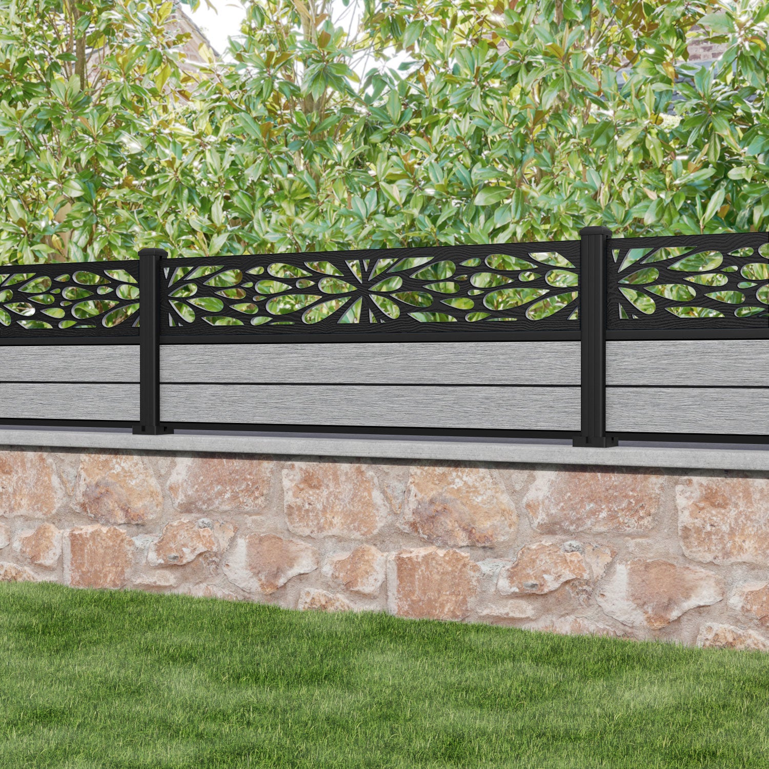Fusion Blossom Fence Panel - Light Grey - with our aluminium posts