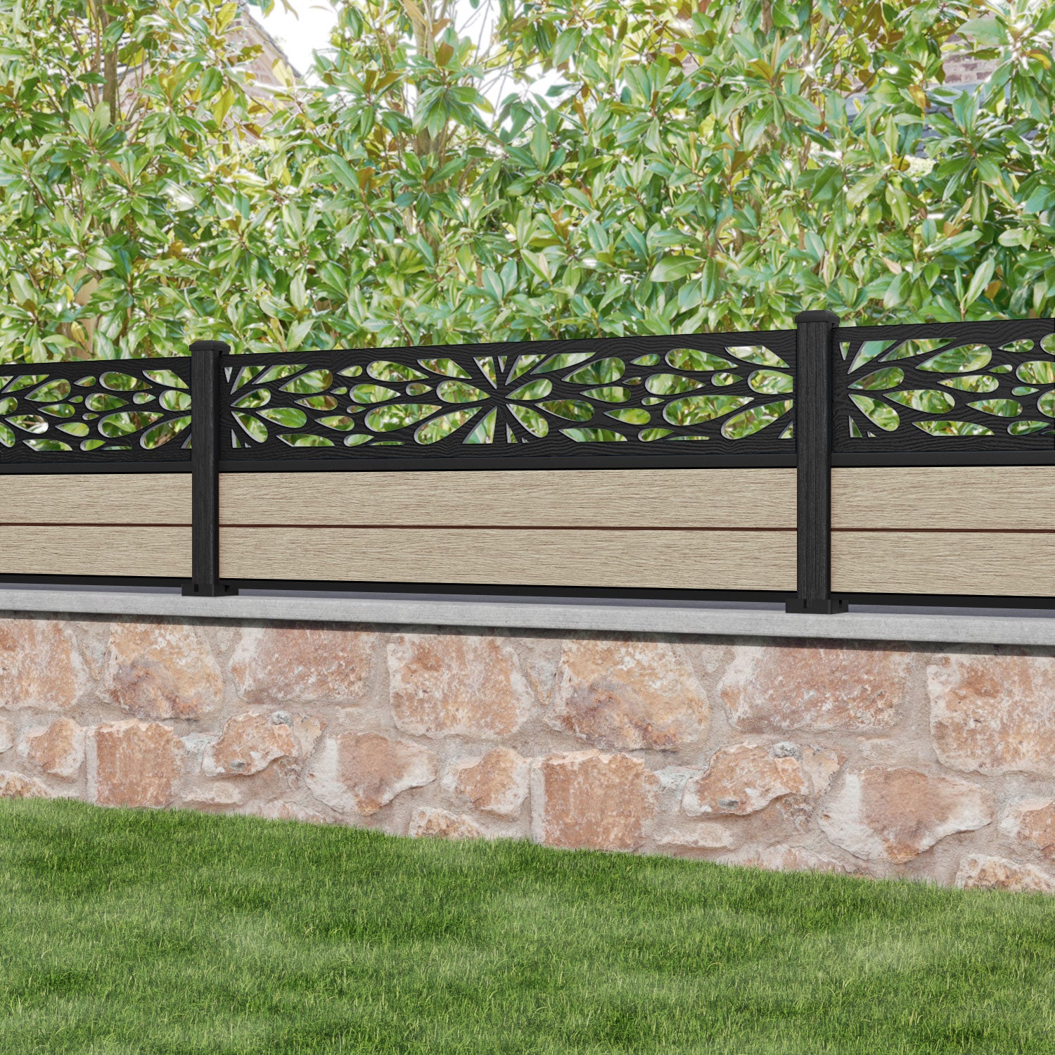 Fusion Blossom Fence Panel - Light Oak - with our composite posts