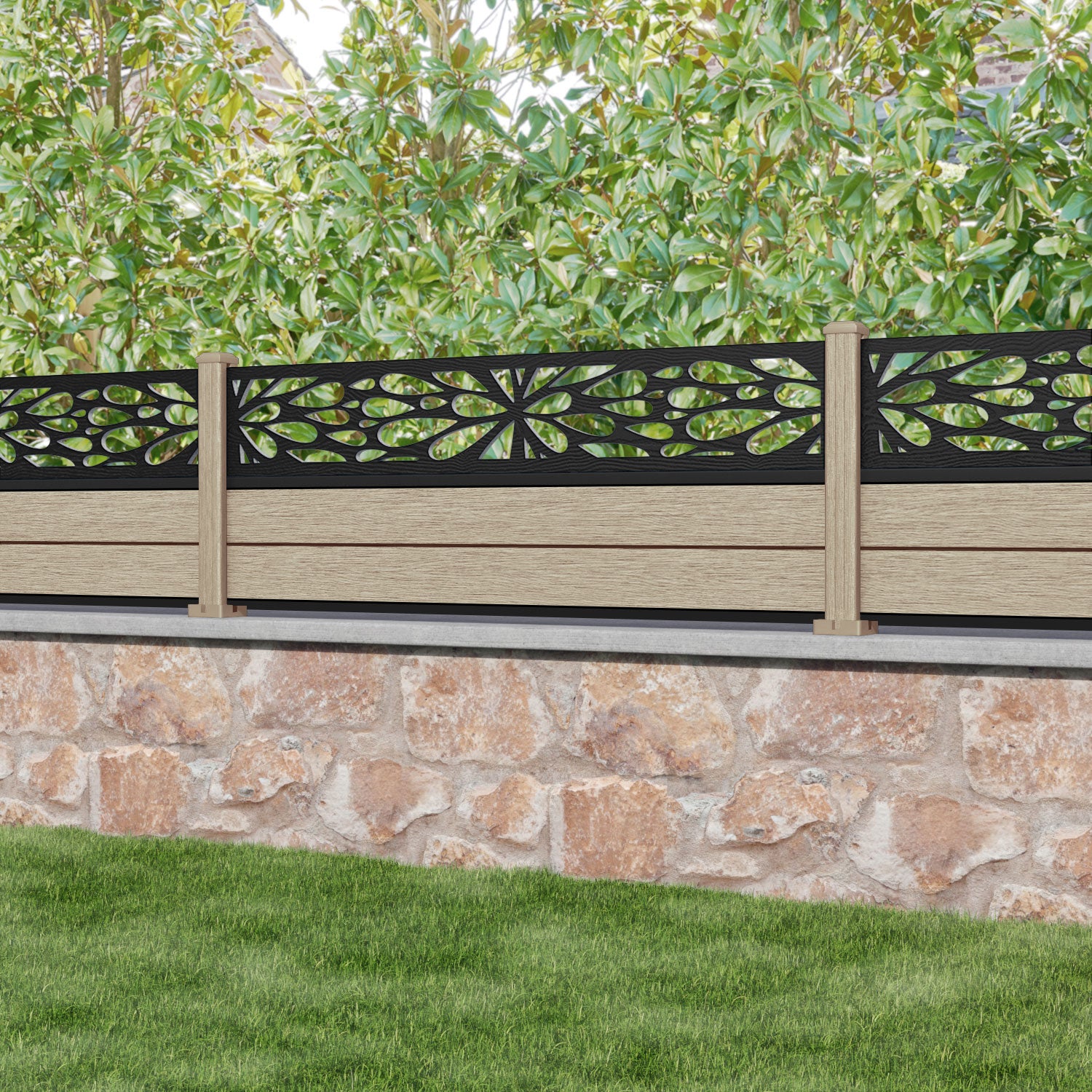 Fusion Blossom Fence Panel - Light Oak - with our composite posts