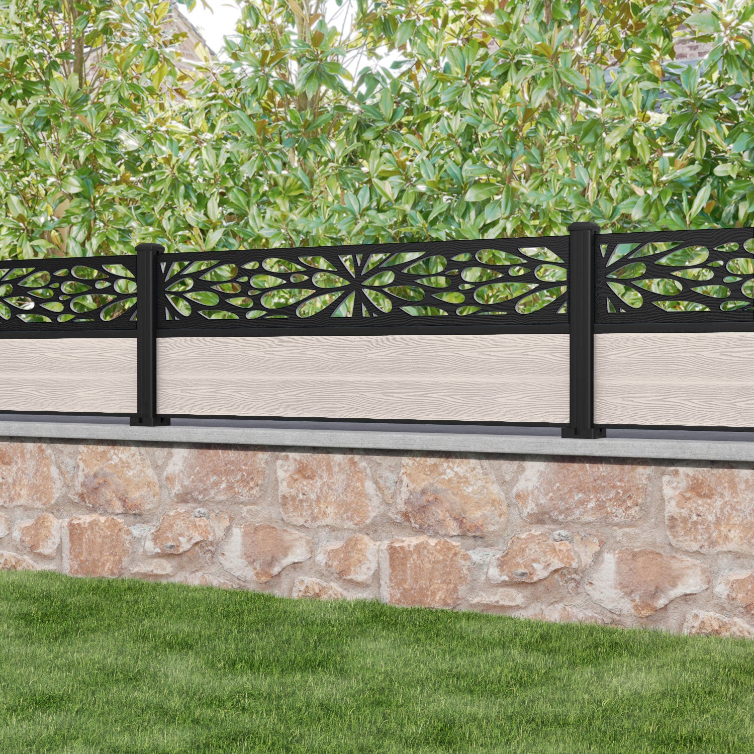 Classic Blossom Fence Panel - Mid Stone - with our aluminium posts