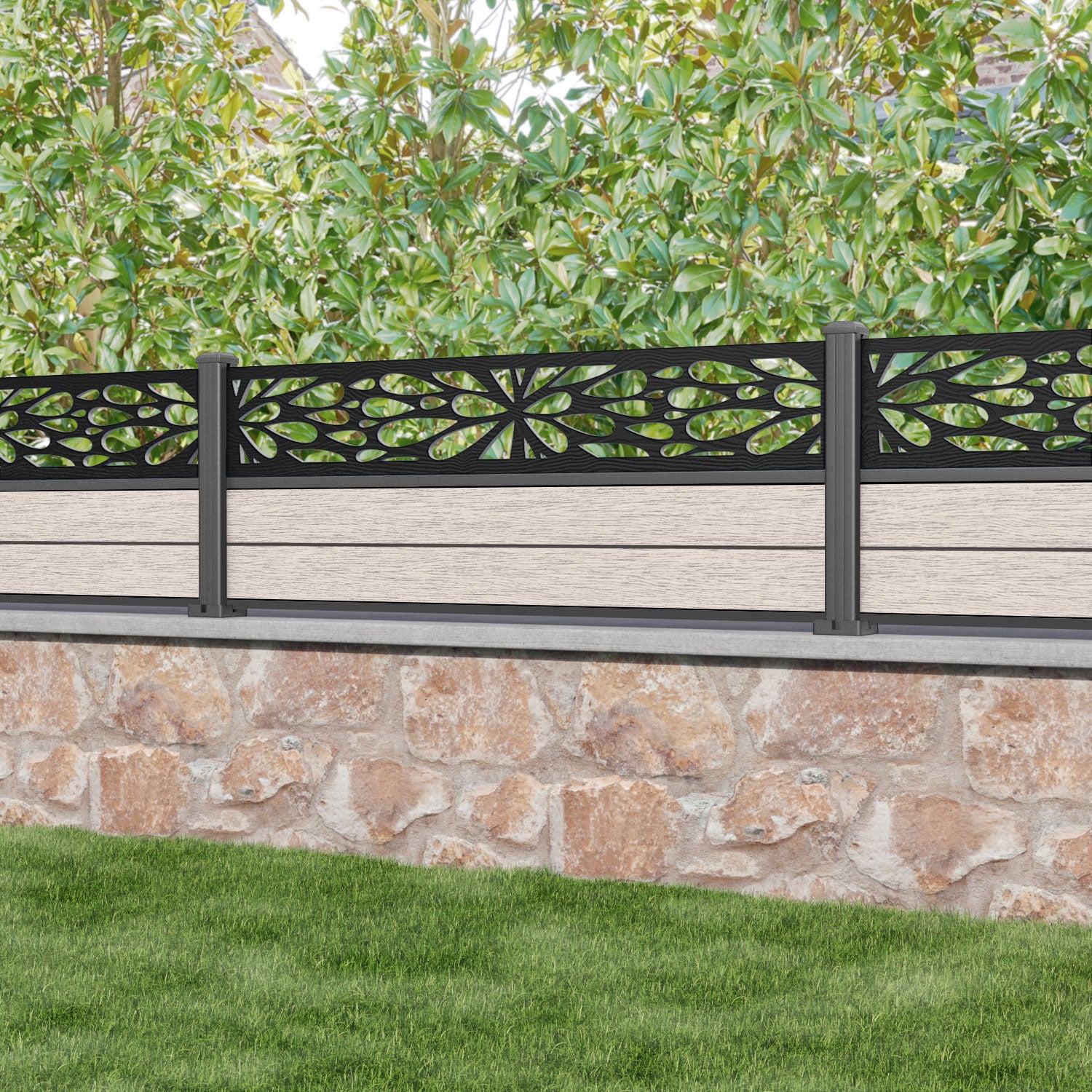 Fusion Blossom Fence Panel - Mid Stone - with our aluminium posts
