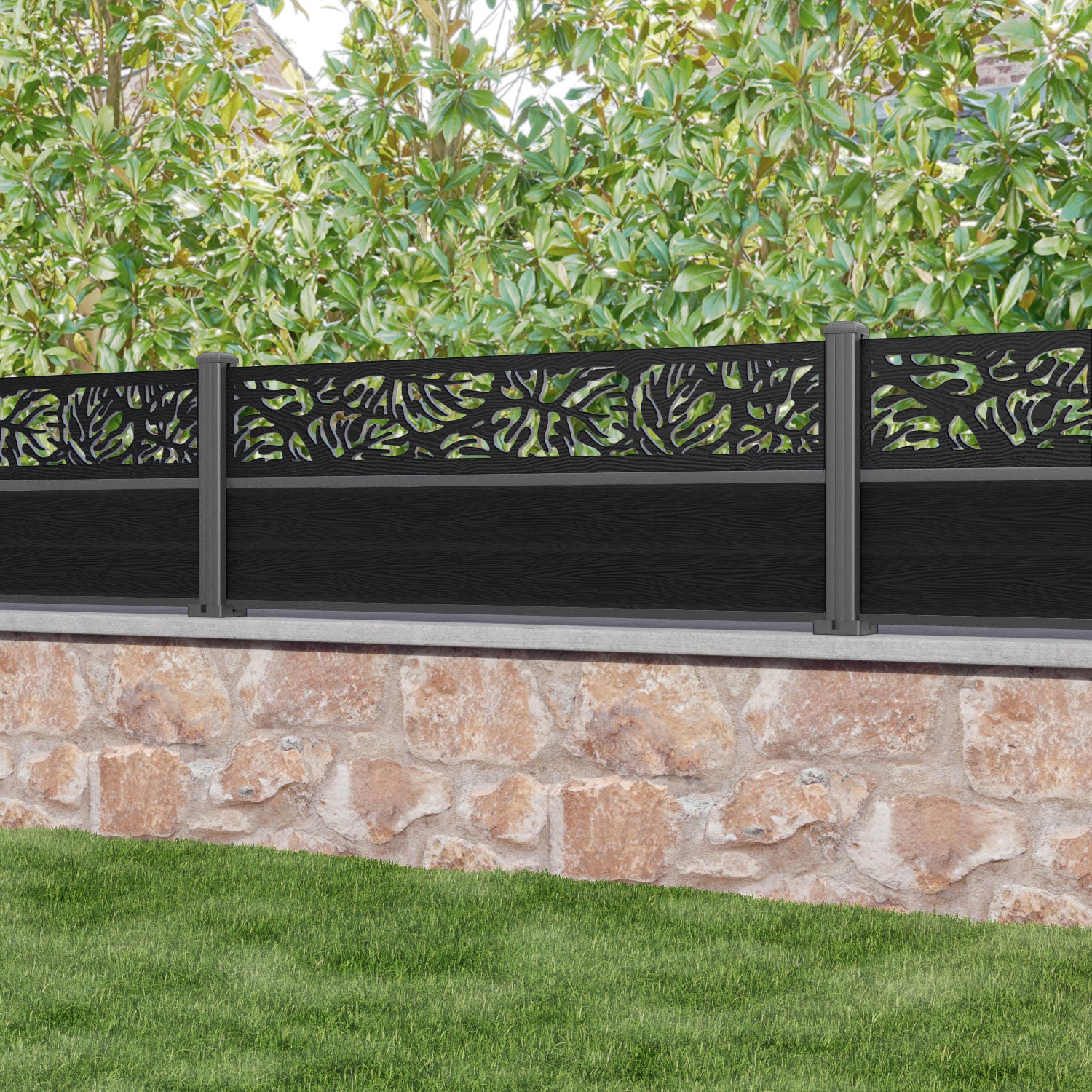Classic Botanic Fence Panel - Black - with our aluminium posts