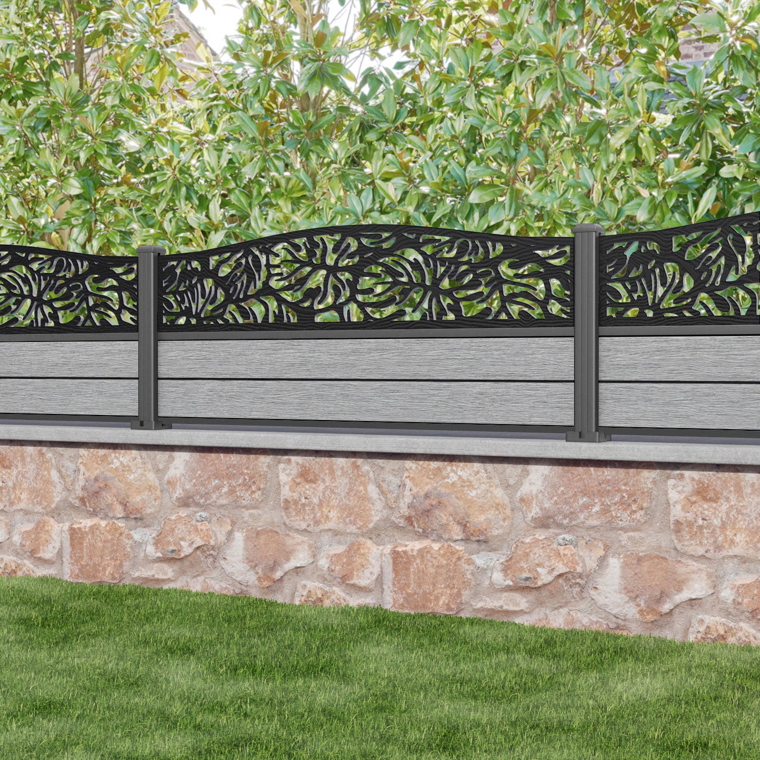Fusion Botanic Curved Top Fence Panel - Light Grey - with our aluminium posts