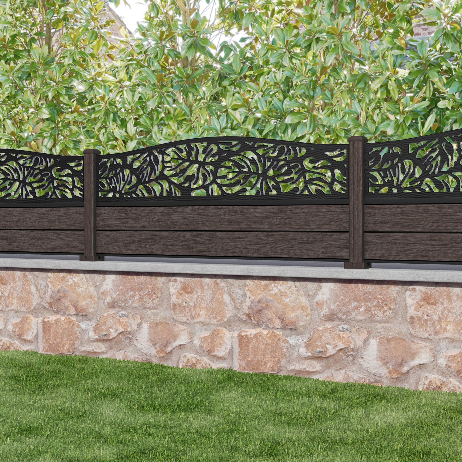 Fusion Botanic Curved Top Fence Panel - Mid Brown - with our composite posts