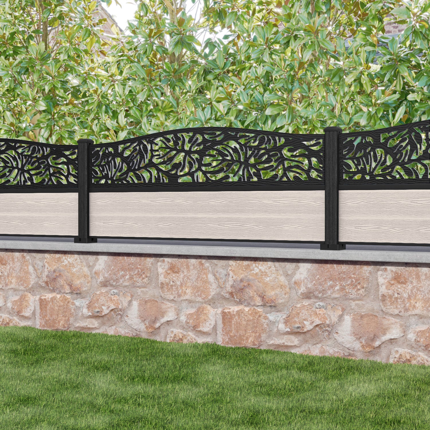 Classic Botanic Curved Top Fence Panel - Mid Stone - with our composite posts