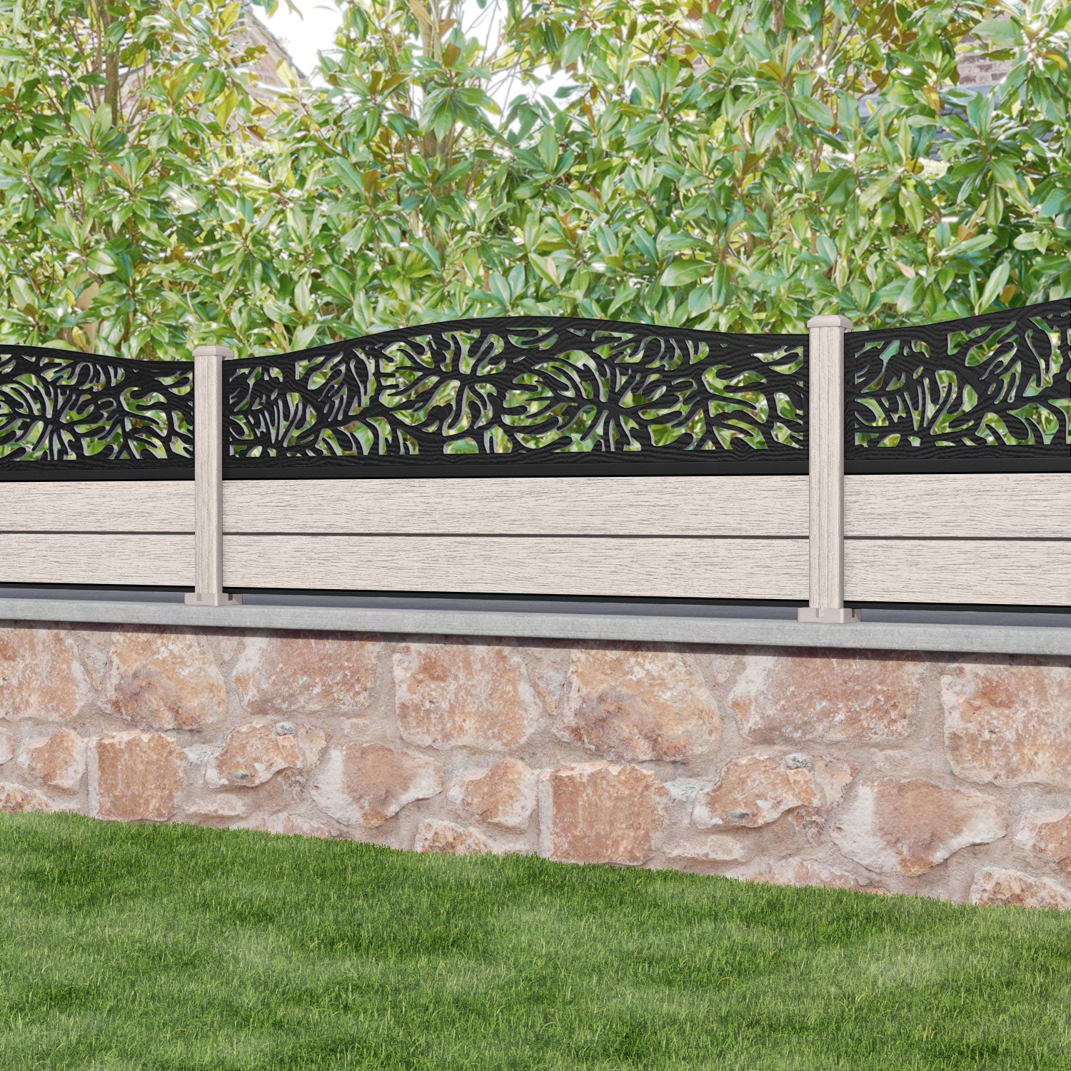 Fusion Botanic Curved Top Fence Panel - Mid Stone - with our composite posts