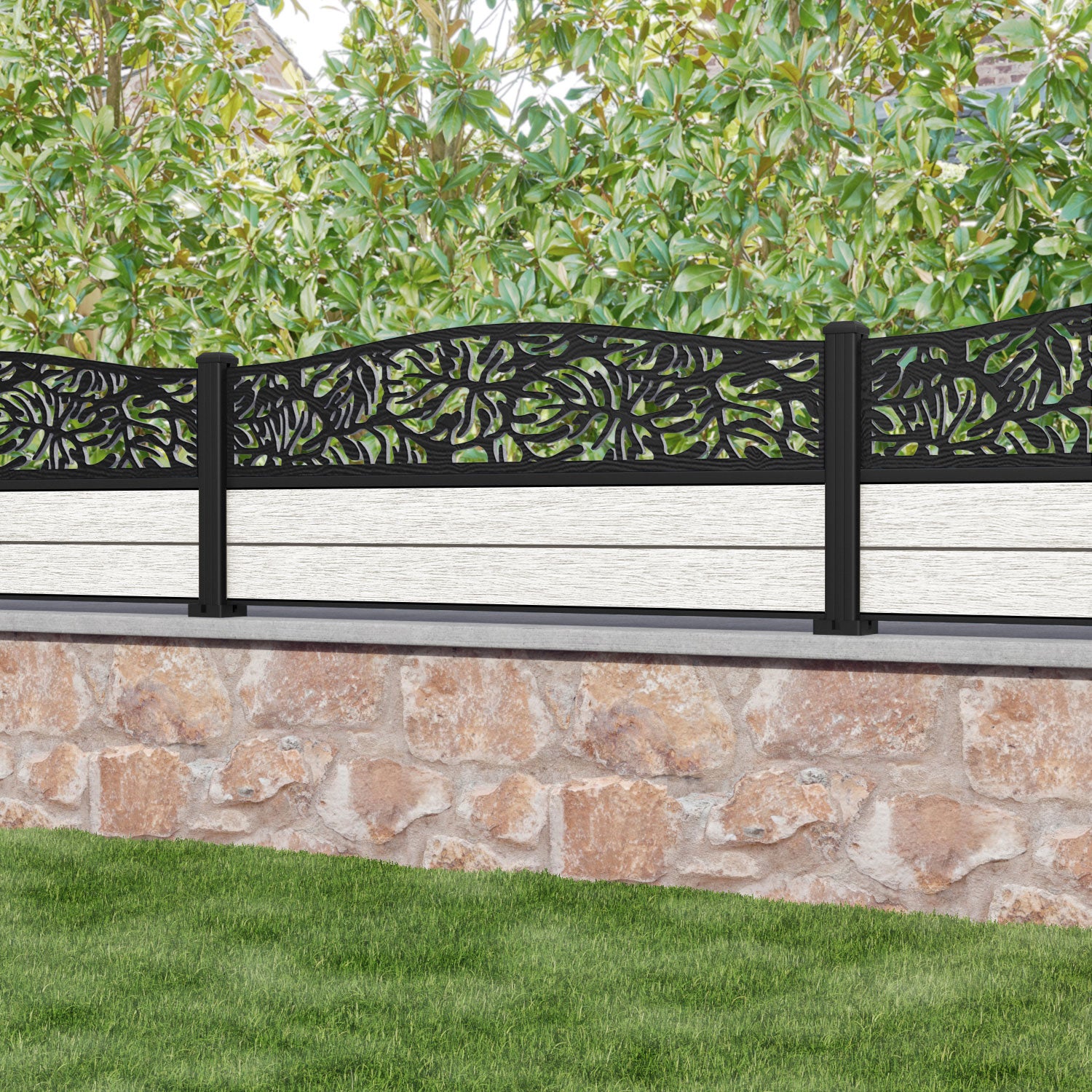 Fusion Botanic Curved Top Fence Panel - Light Stone - with our aluminium posts