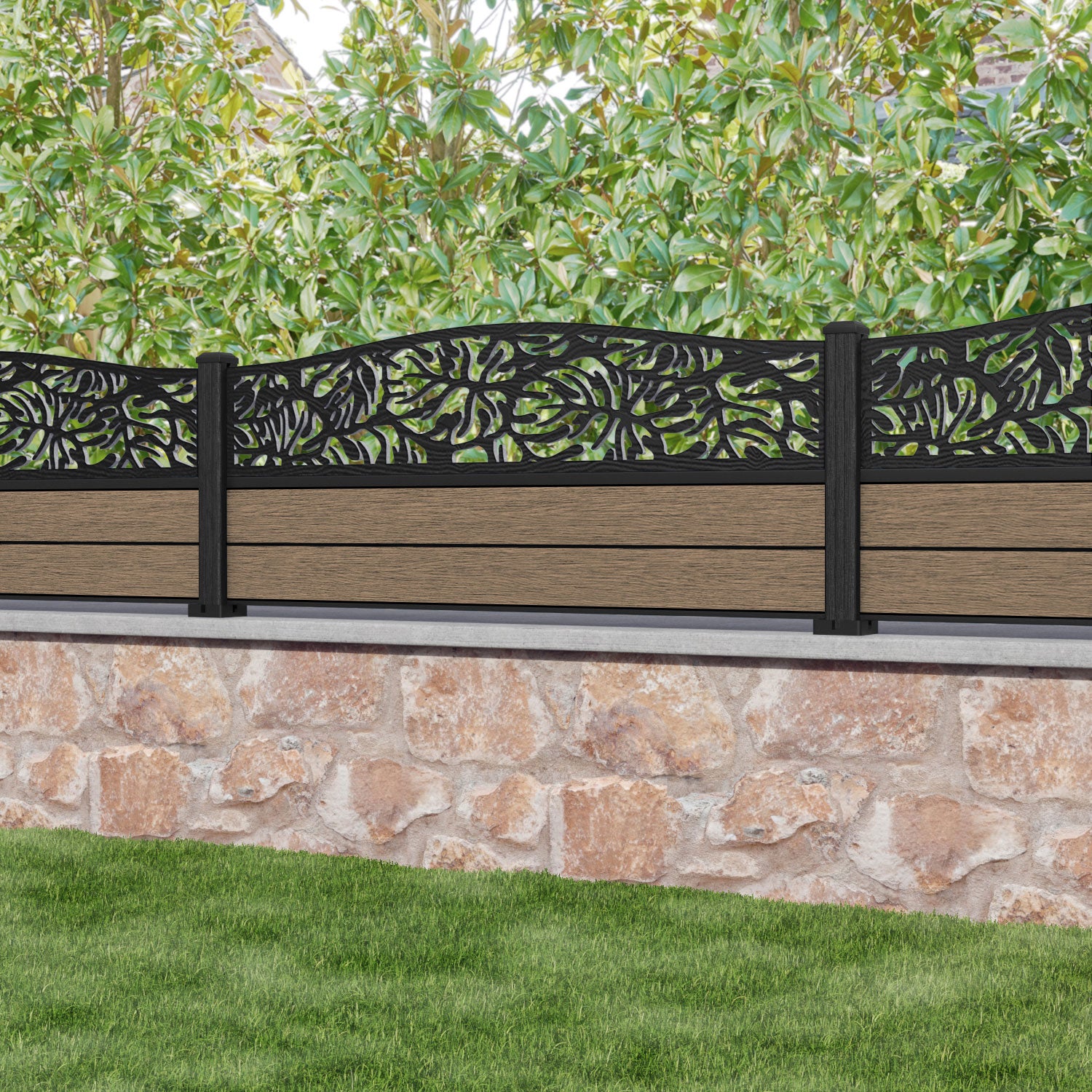 Fusion Botanic Curved Top Fence Panel - Teak - with our composite posts