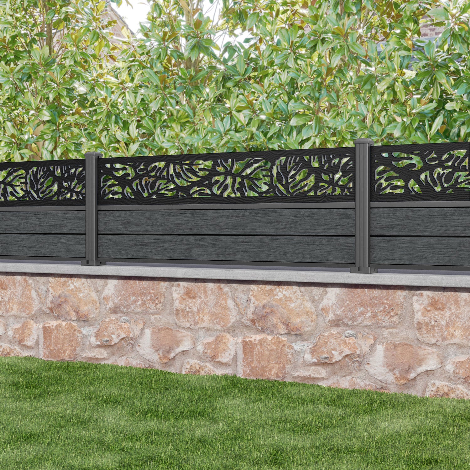 Fusion Botanic Fence Panel - Dark Grey - with our aluminium posts