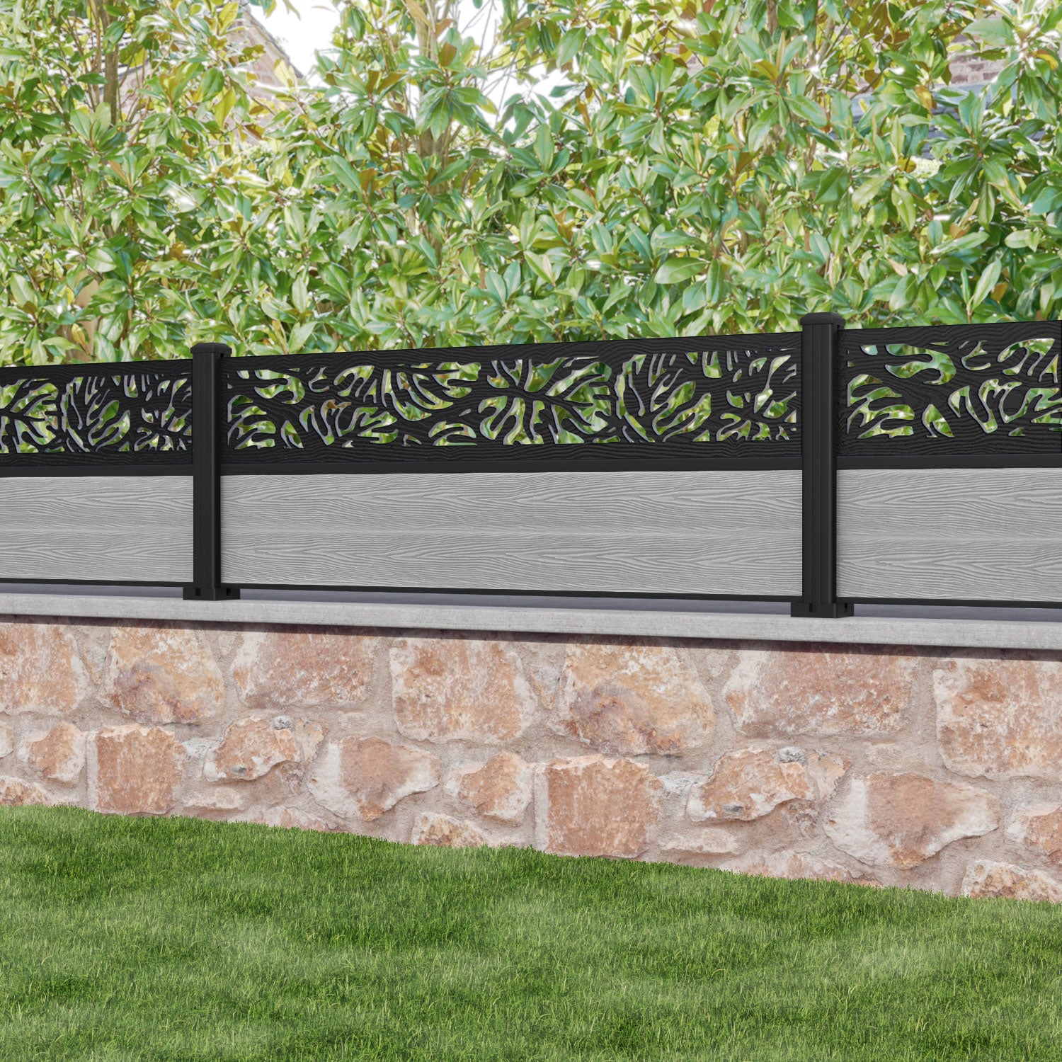 Classic Botanic Fence Panel - Light Grey - with our aluminium posts