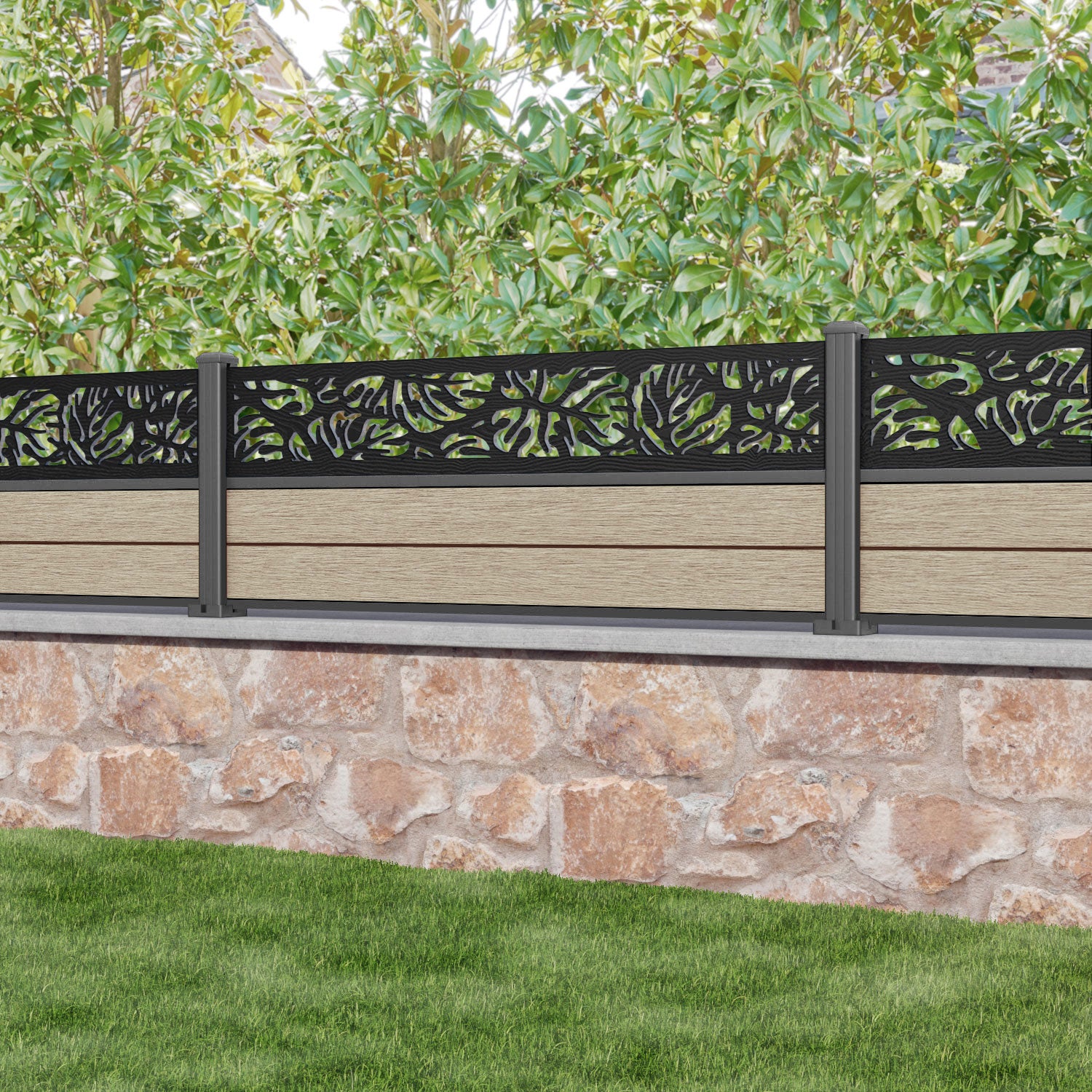 Fusion Botanic Fence Panel - Light Oak - with our aluminium posts