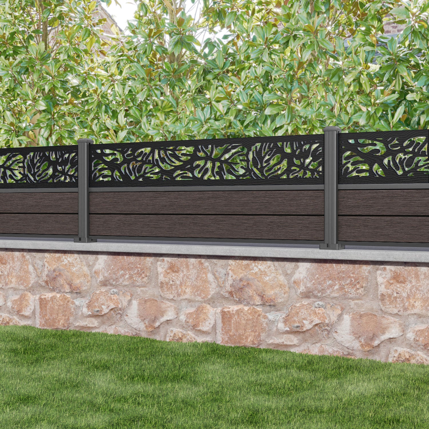 Fusion Botanic Fence Panel - Mid Brown - with our aluminium posts