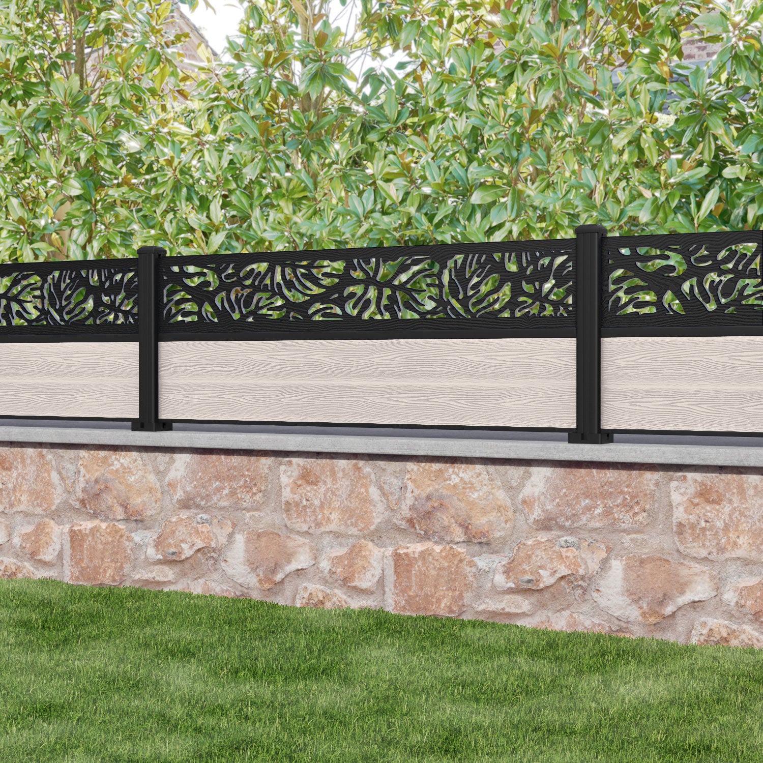 Classic Botanic Fence Panel - Mid Stone - with our aluminium posts