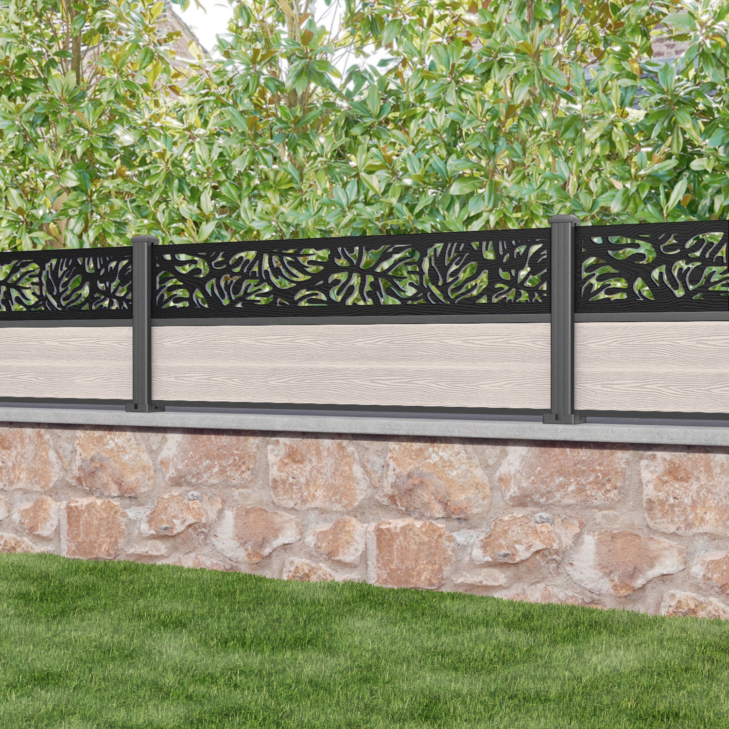 Classic Botanic Fence Panel - Mid Stone - with our aluminium posts