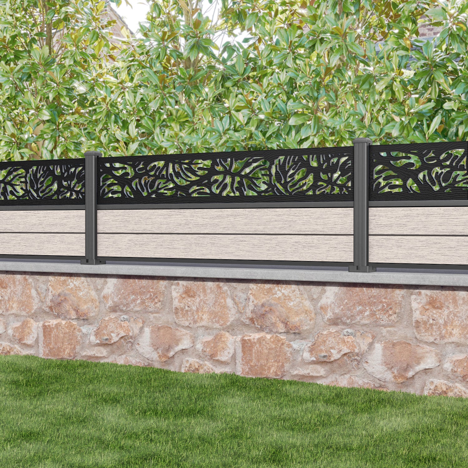 Fusion Botanic Fence Panel - Mid Stone - with our aluminium posts