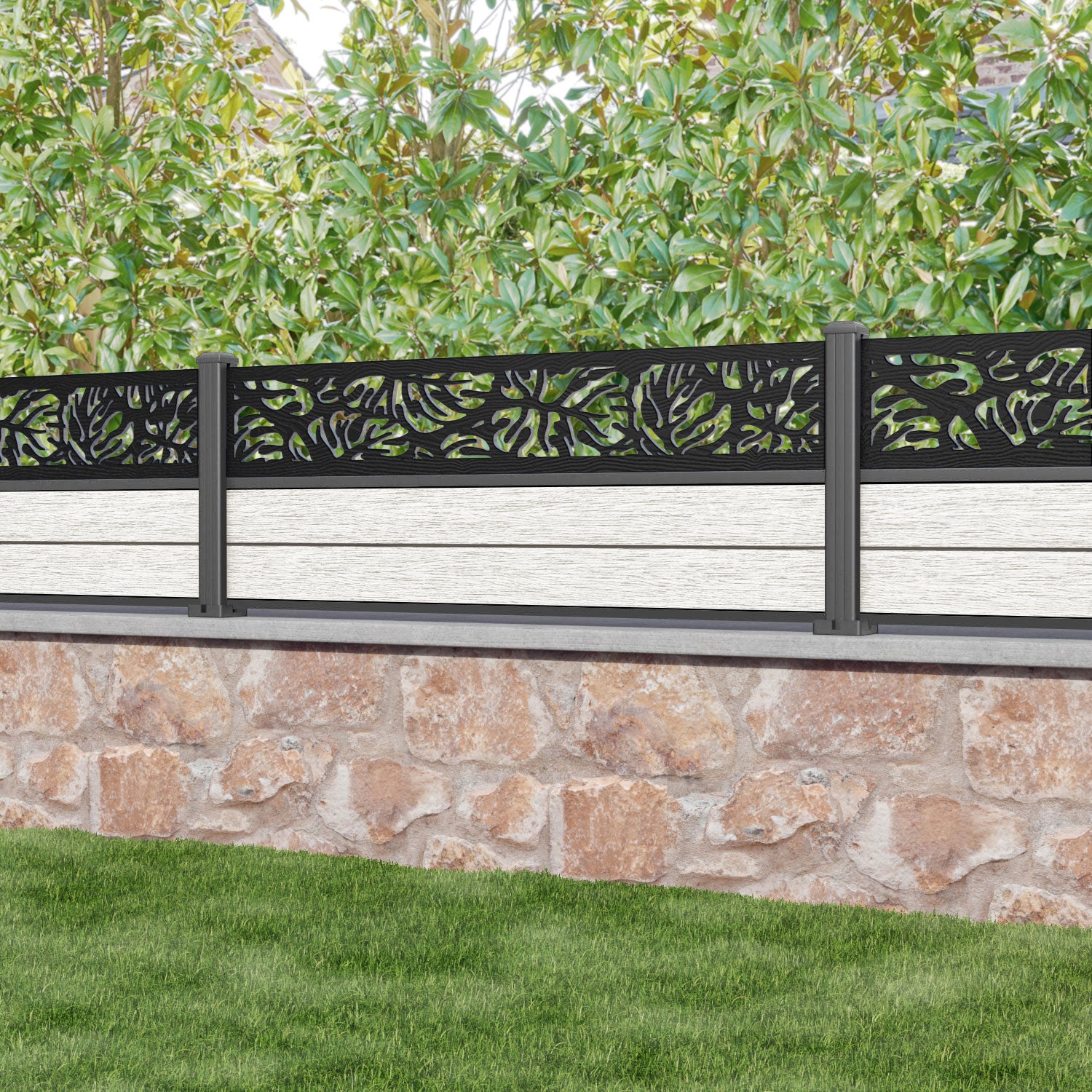 Fusion Botanic Fence Panel - Light Stone - with our aluminium posts