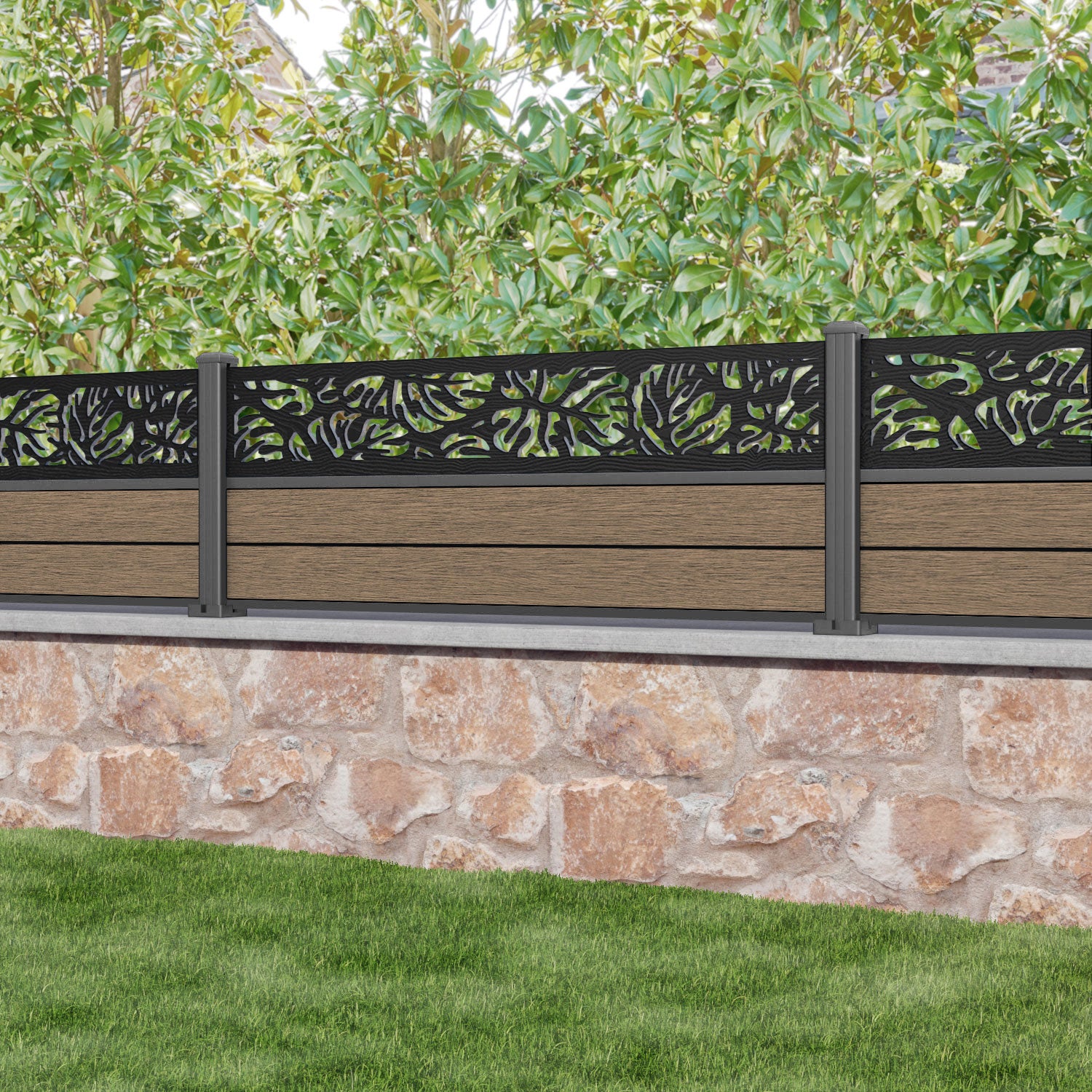 Fusion Botanic Fence Panel - Teak - with our aluminium posts