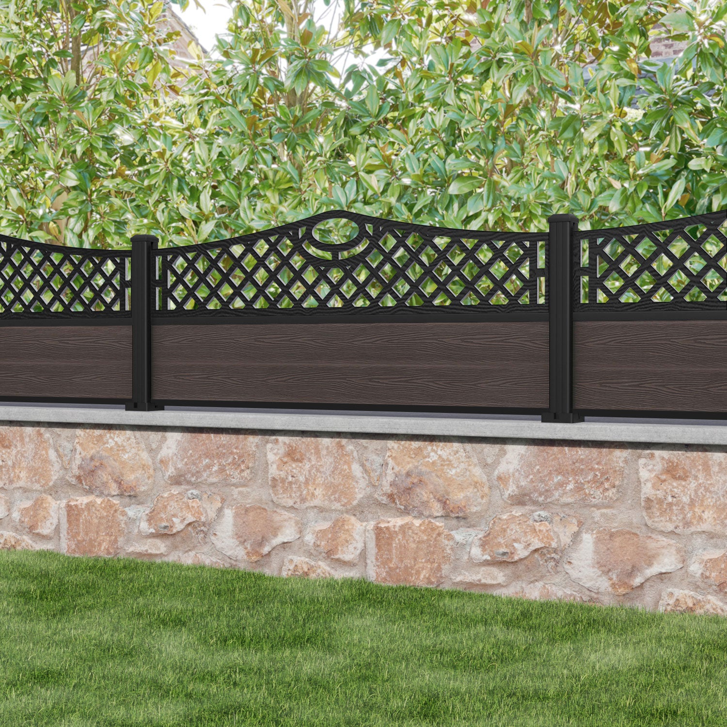 Classic Oxford Curved Top Fence Panel - Mid Brown - with our aluminium posts