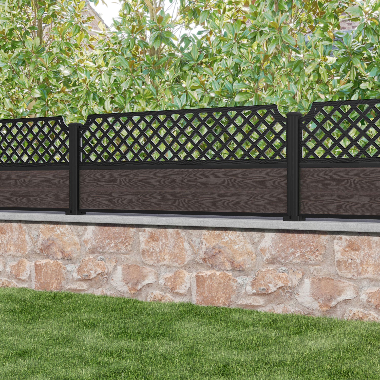 Classic Regal Hive Fence Panel - Mid Brown - with our aluminium posts