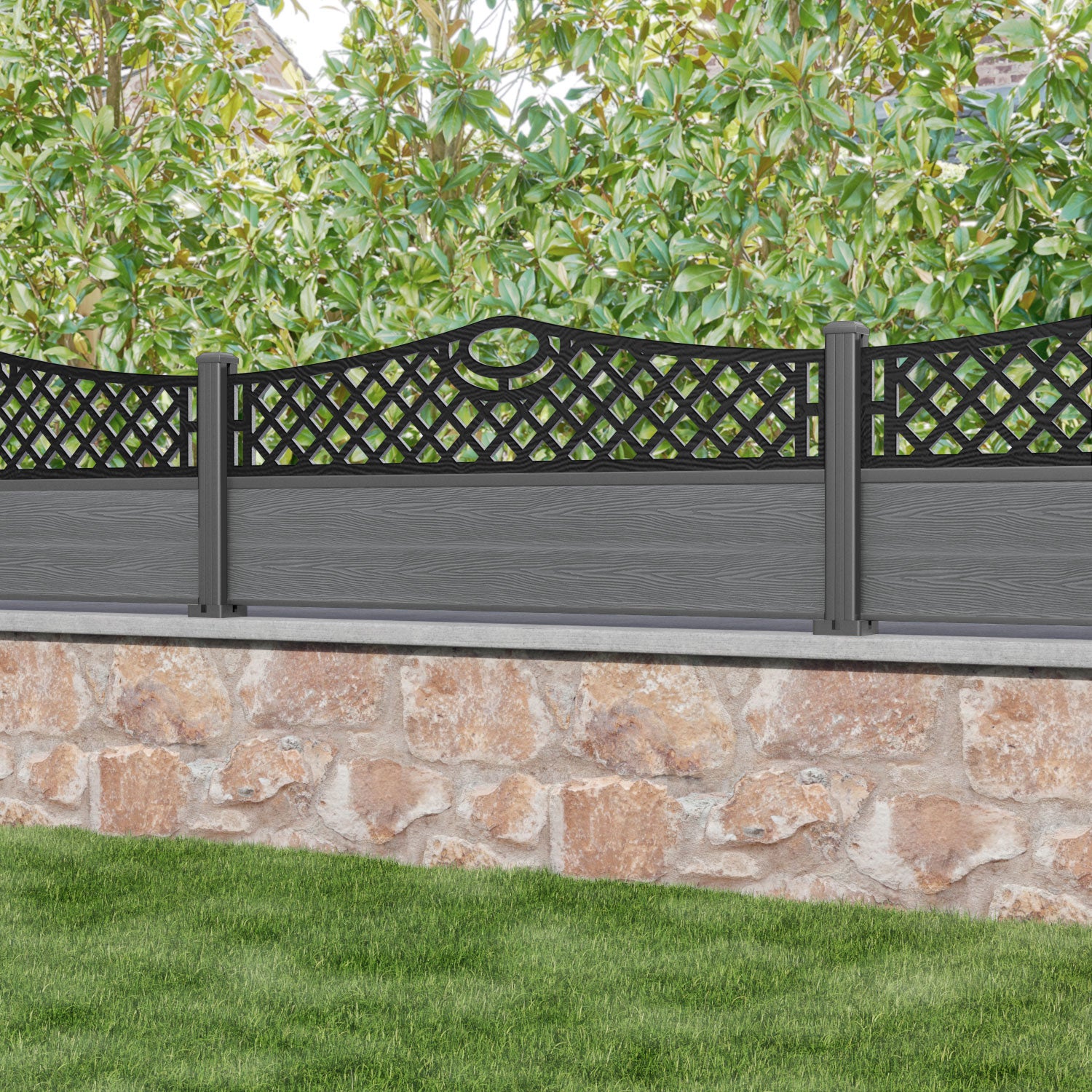 Classic Oxford Curved Top Fence Panel - Mid Grey - with our aluminium posts