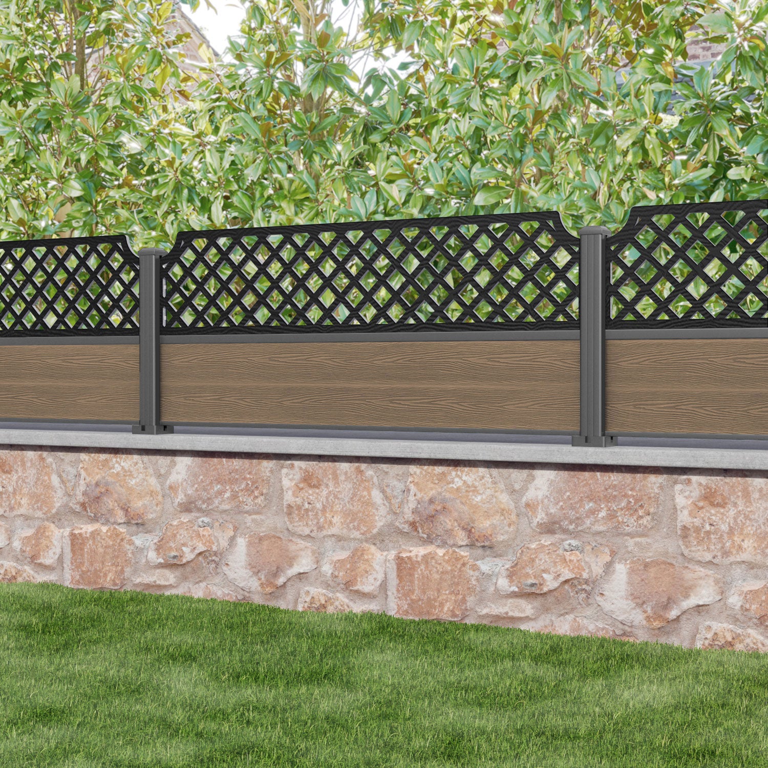 Classic Regal Hive Fence Panel - Teak - with our aluminium posts