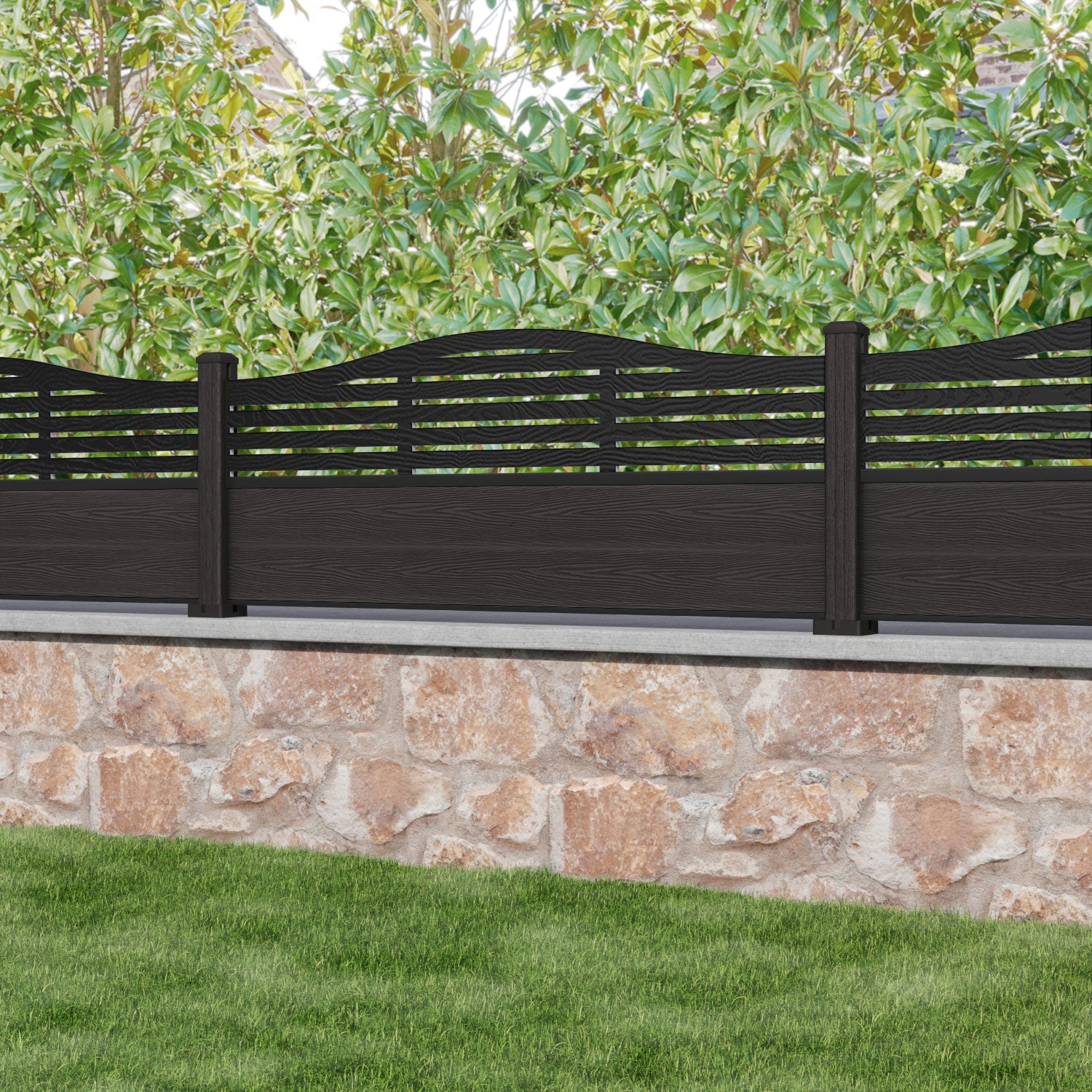 Classic Aspen Curved Top Fence Panel - Dark Oak - with our composite posts