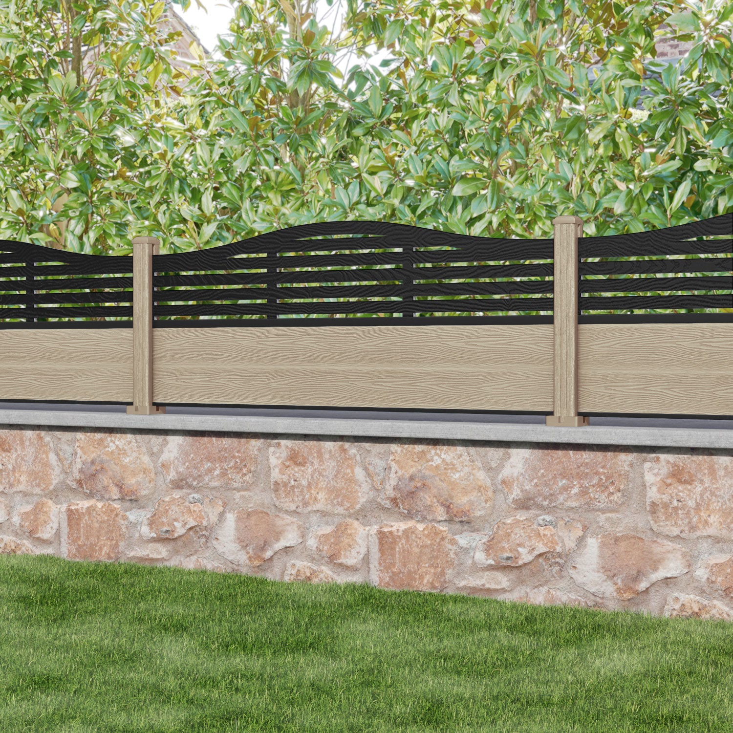 Classic Aspen Curved Top Fence Panel - Light Oak - with our composite posts