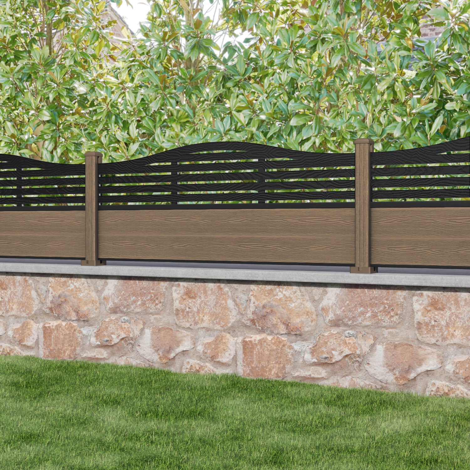Classic Aspen Curved Top Fence Panel - Teak - with our composite posts
