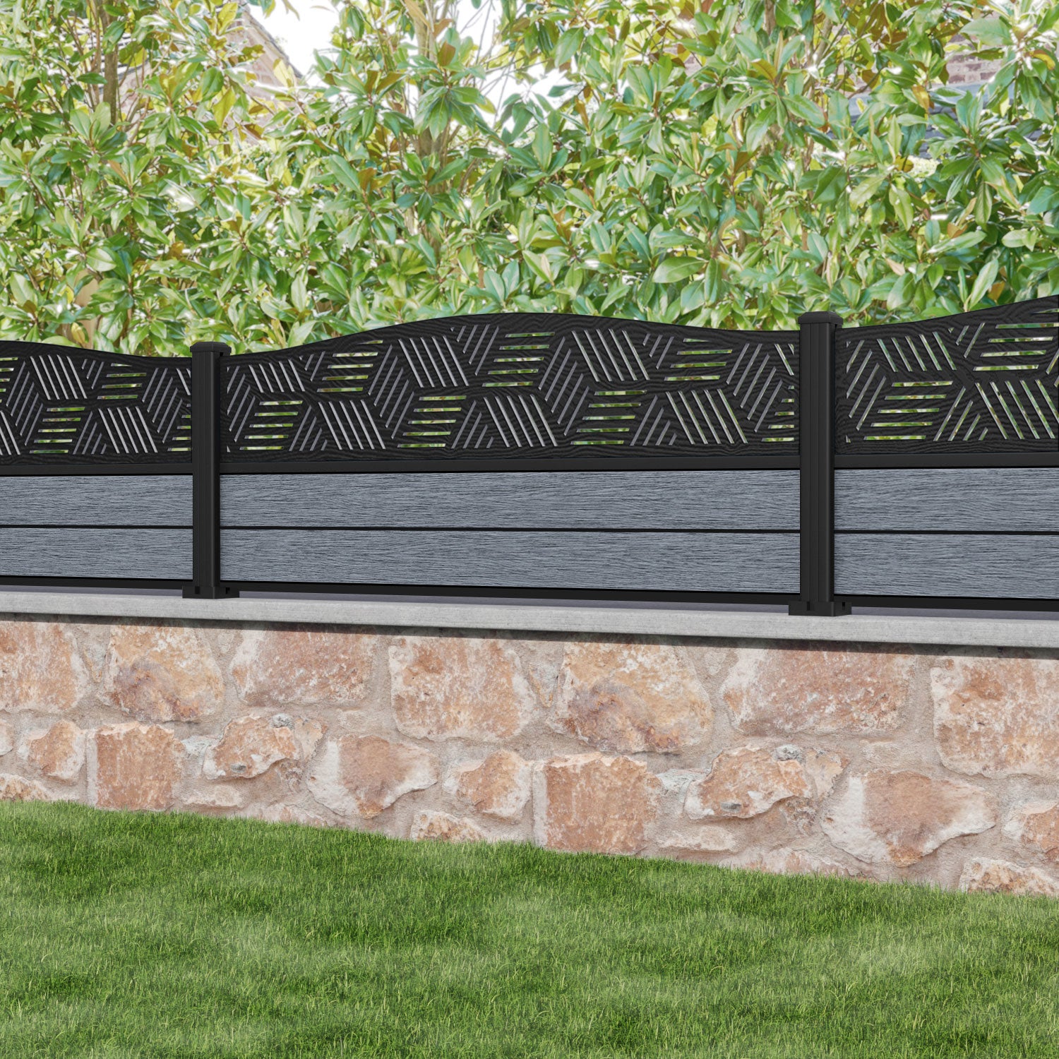 Fusion Cubed Curved Top Fence Panel - Anthracite - with our aluminium posts
