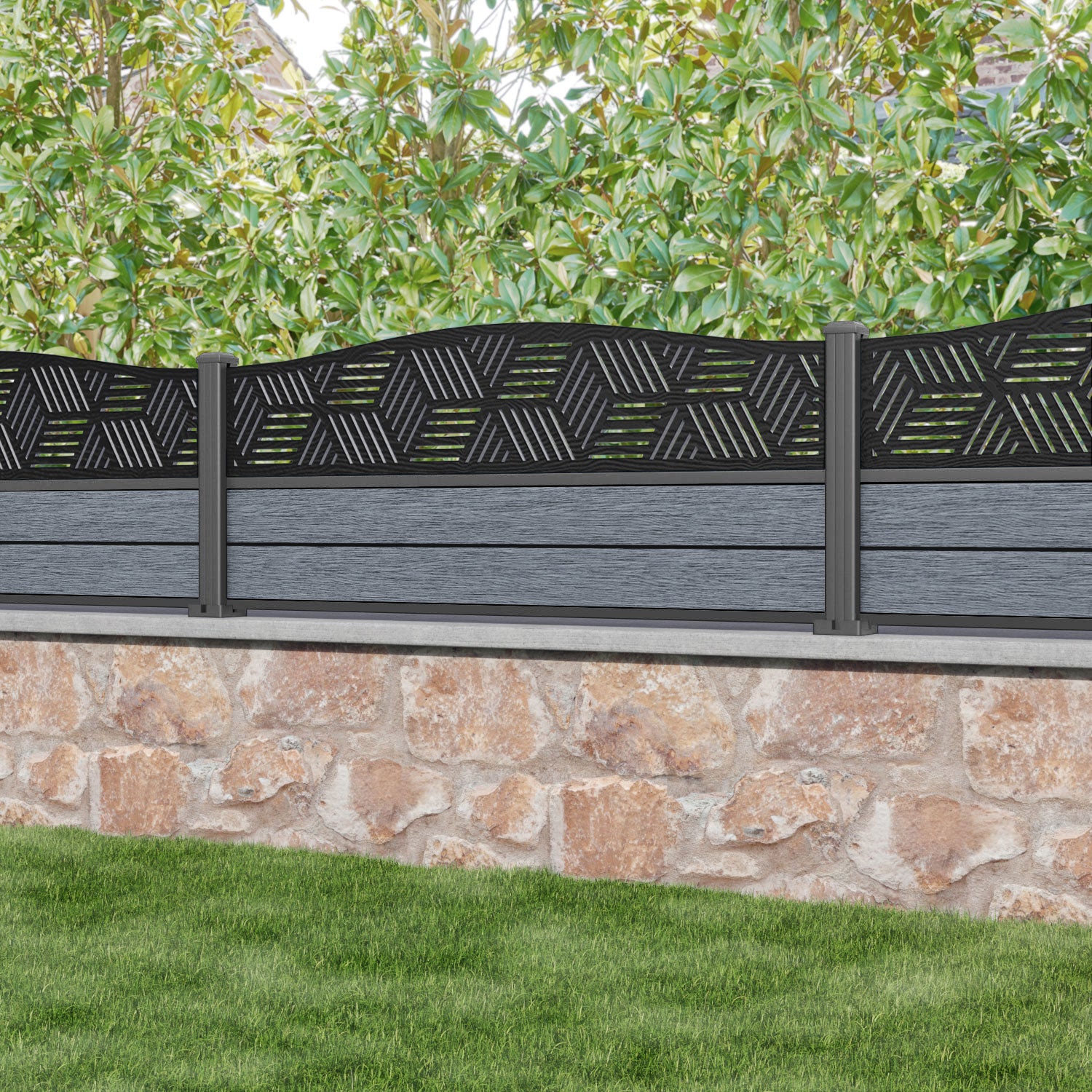 Fusion Cubed Curved Top Fence Panel - Anthracite - with our aluminium posts