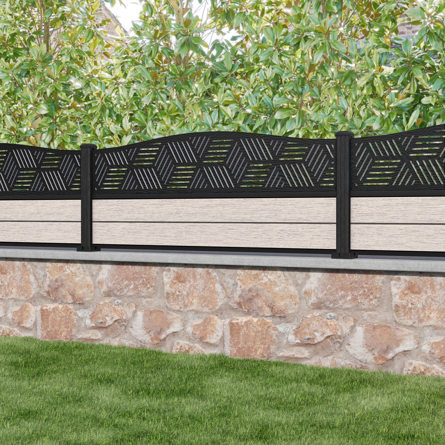 Fusion Cubed Curved Top Fence Panel - Mid Stone - with our composite posts