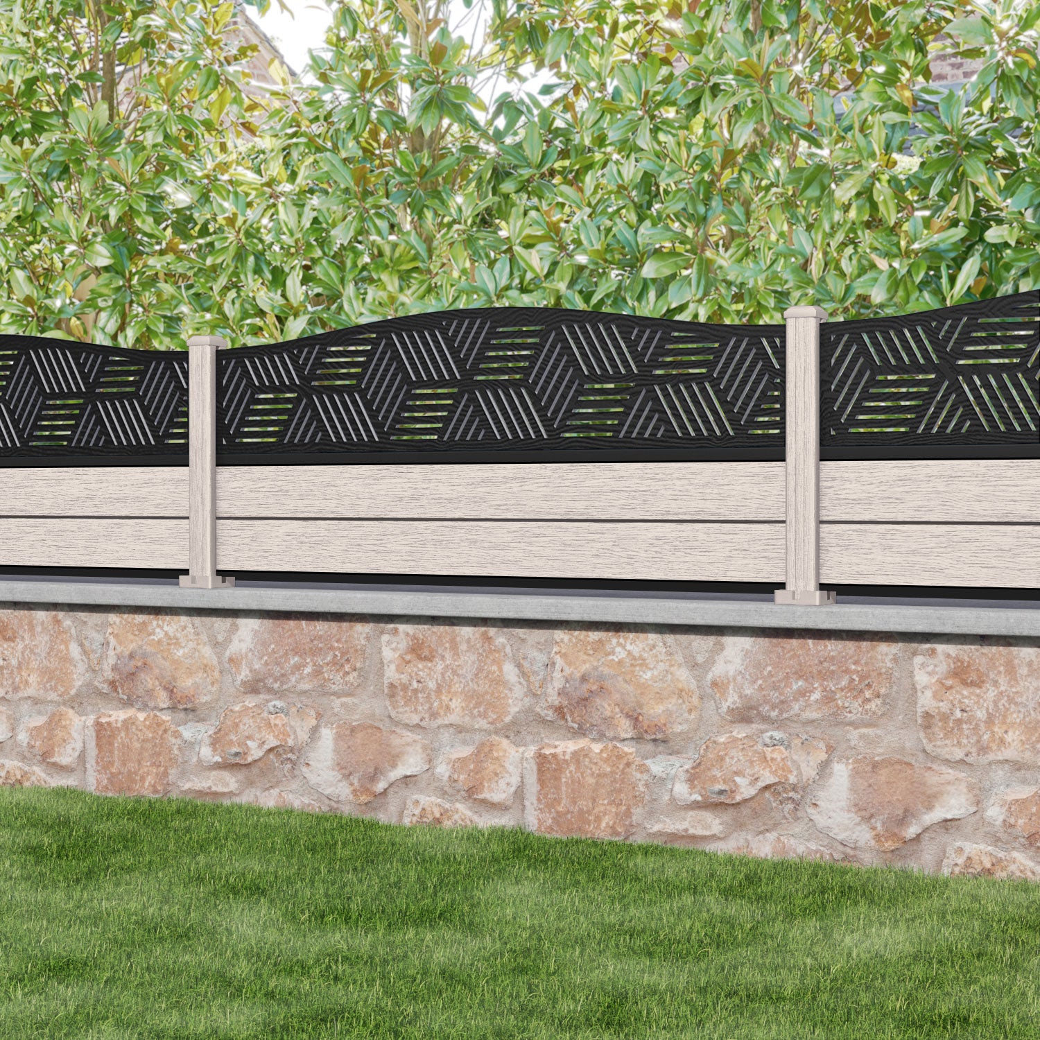 Fusion Cubed Curved Top Fence Panel - Mid Stone - with our composite posts