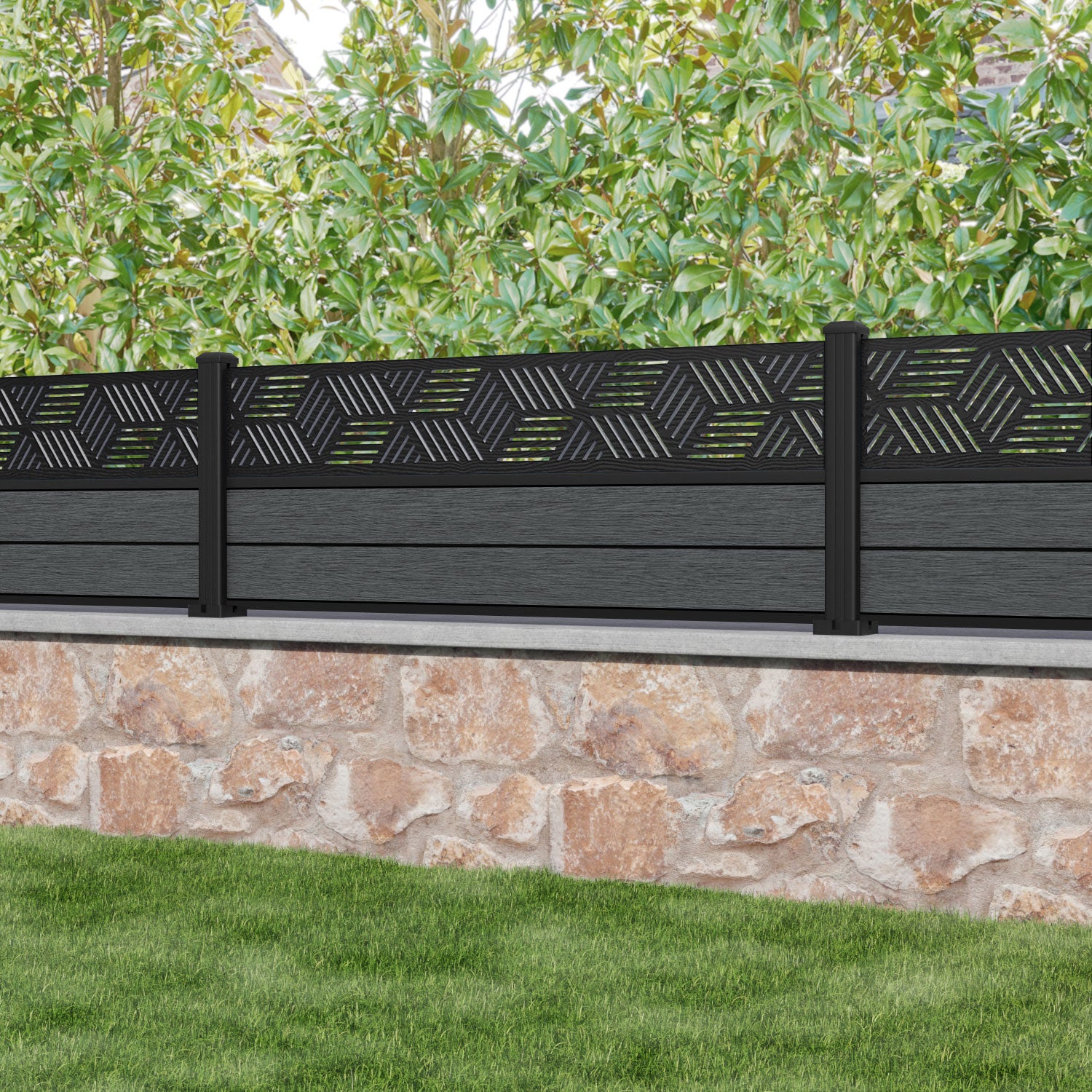 Fusion Cubed Fence Panel - Dark Grey - with our aluminium posts