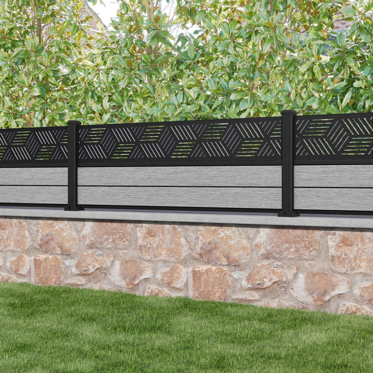 Fusion Cubed Fence Panel - Light Grey - with our aluminium posts