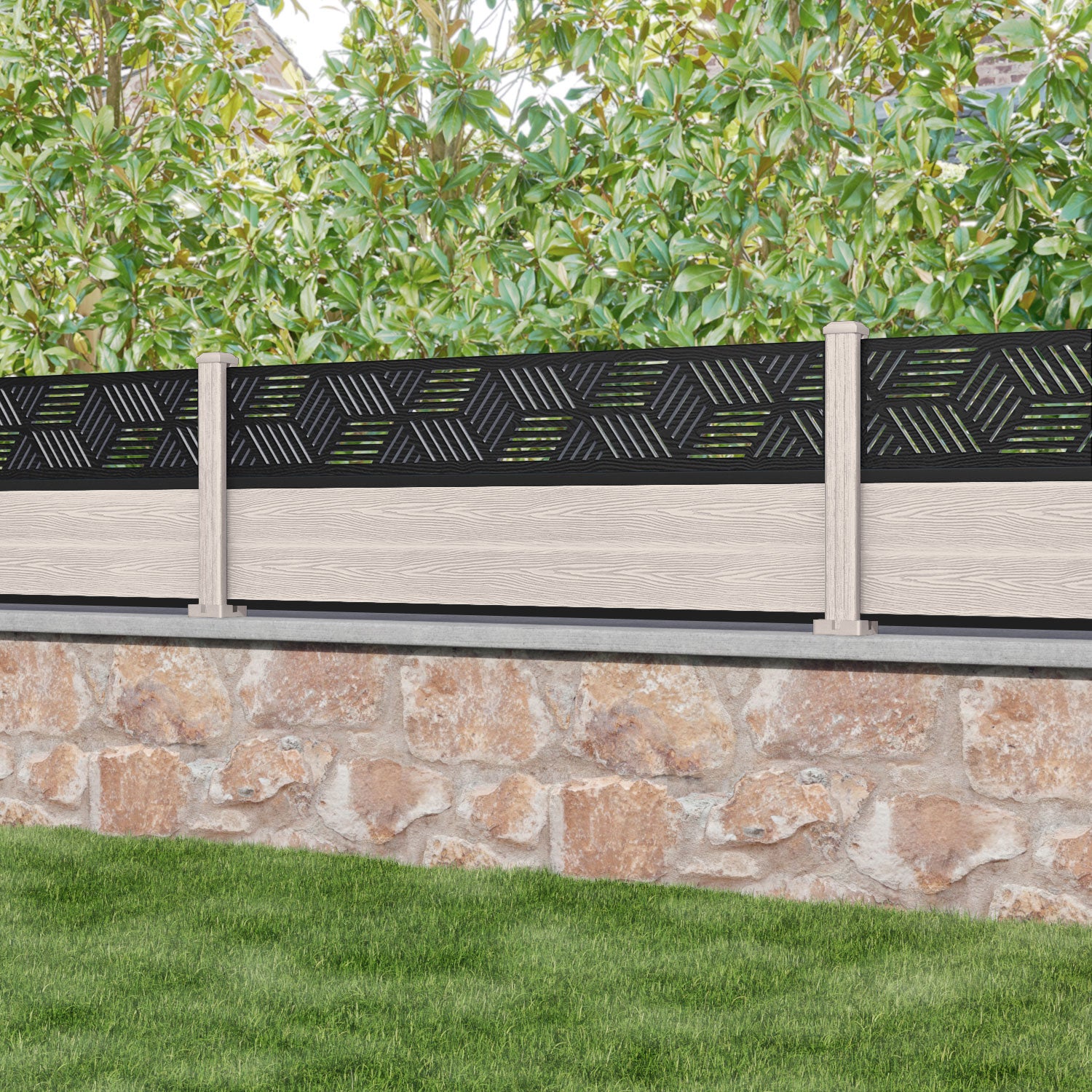 Classic Cubed Fence Panel - Mid Stone - with our composite posts