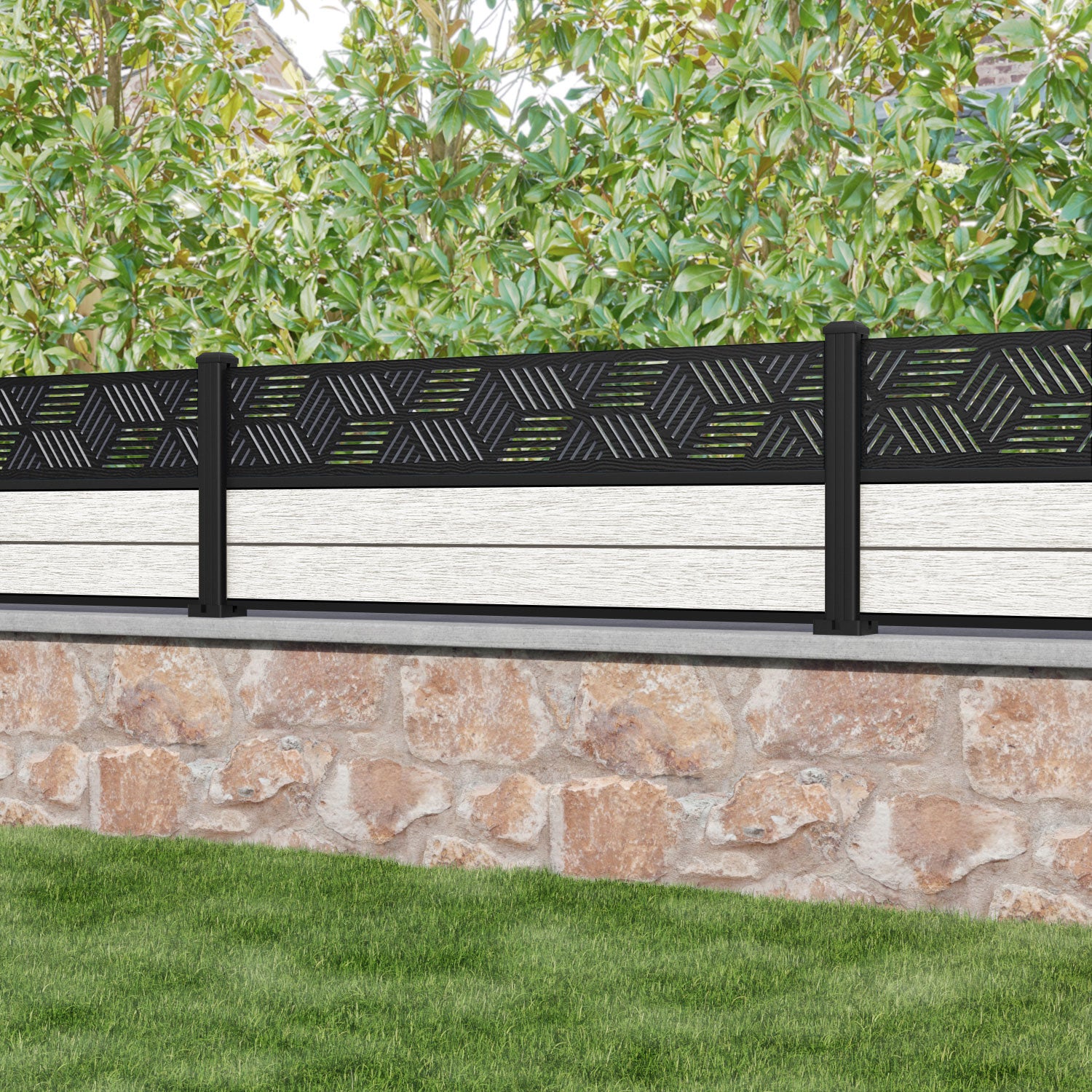 Fusion Cubed Fence Panel - Light Stone - with our aluminium posts