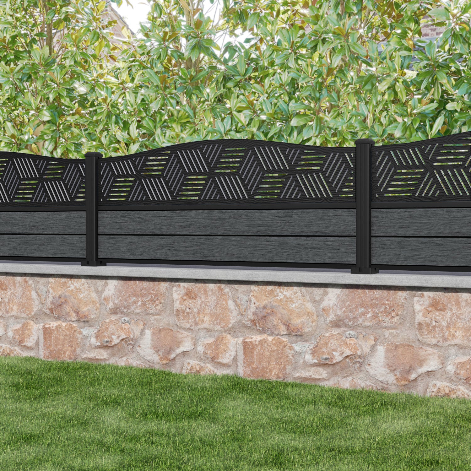 Fusion Cubed Curved Top Fence Panel - Dark Grey - with our aluminium posts