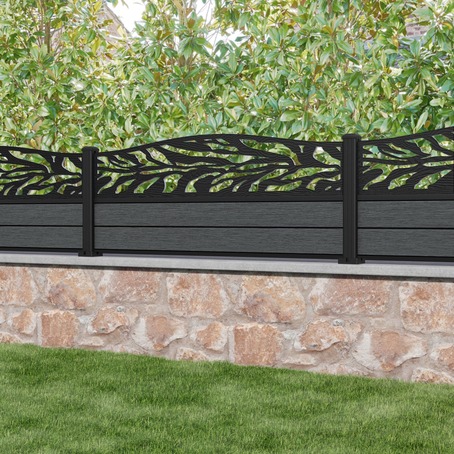 Fusion Malawi Curved Top Fence Panel - Dark Grey - with our aluminium posts
