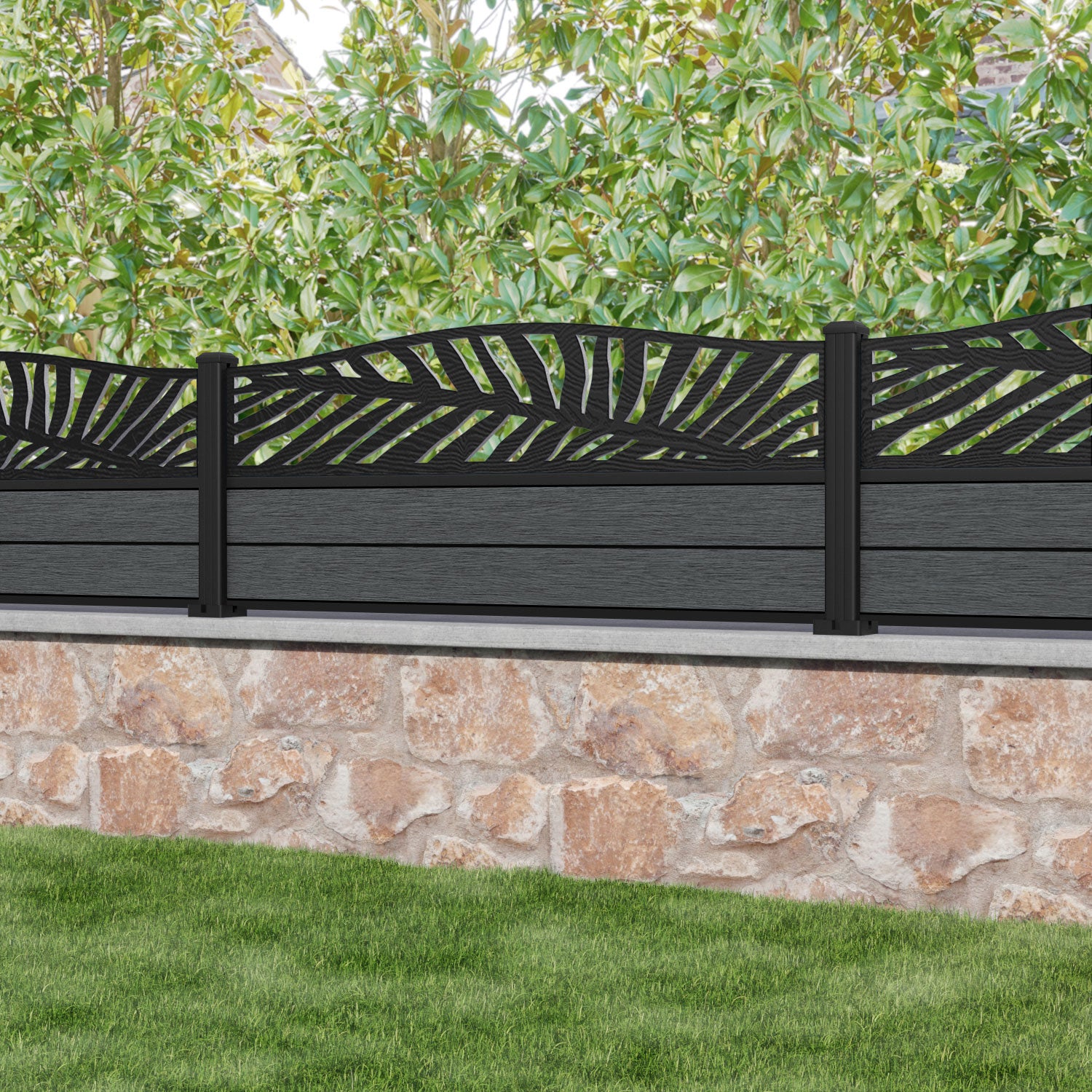Fusion Palm Curved Top Fence Panel - Dark Grey - with our aluminium posts