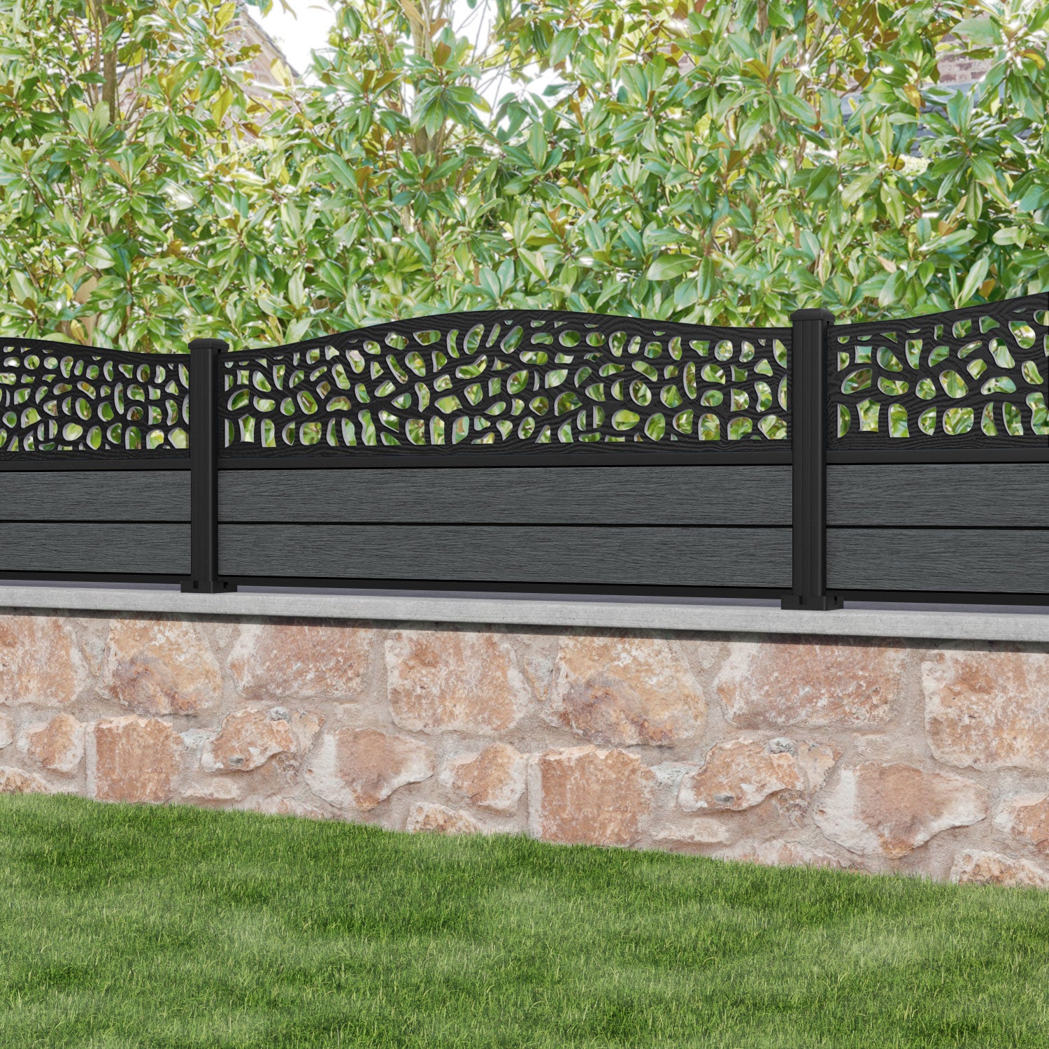 Fusion Pebble Curved Top Fence Panel - Dark Grey - with our aluminium posts