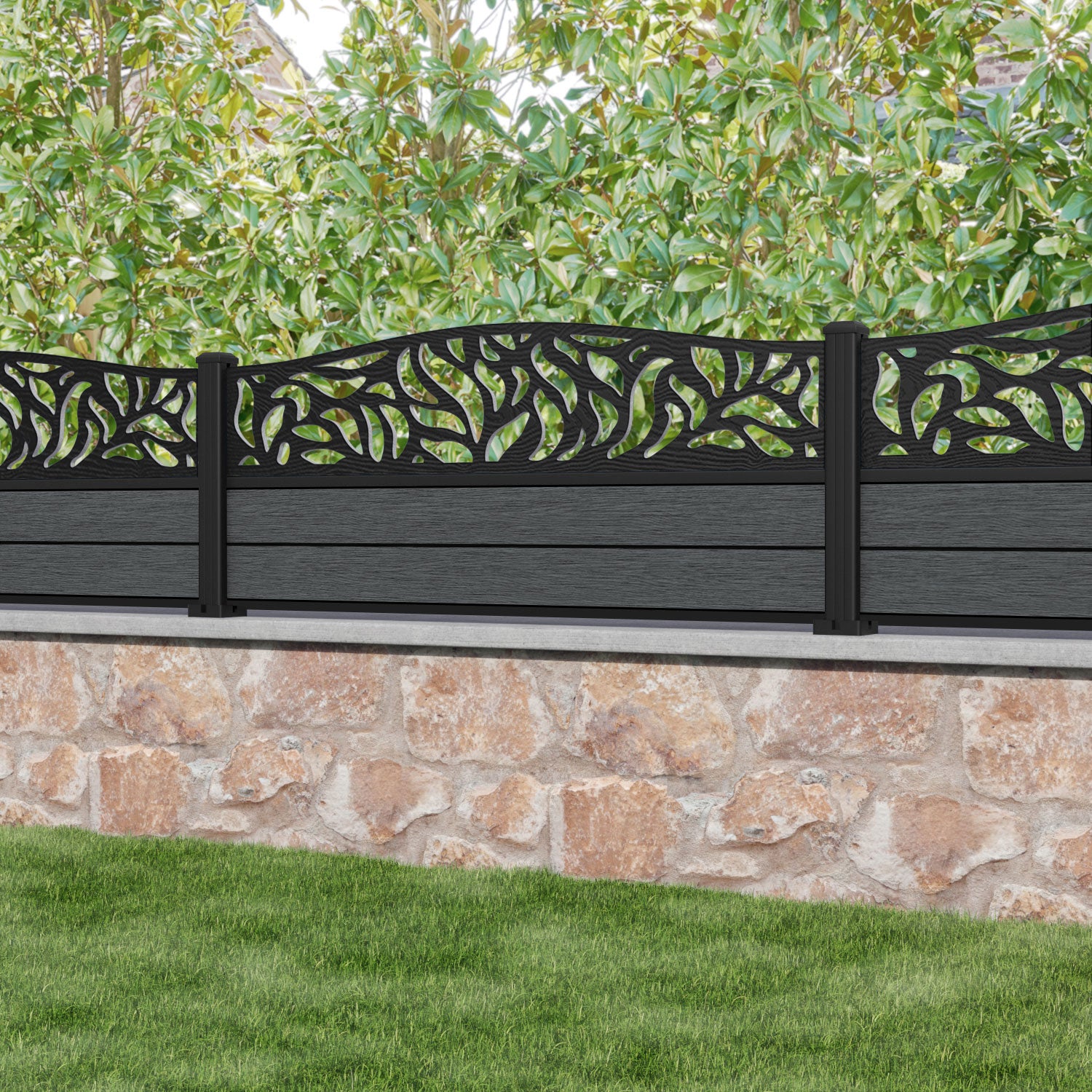 Fusion Plume Curved Top Fence Panel - Dark Grey - with our aluminium posts