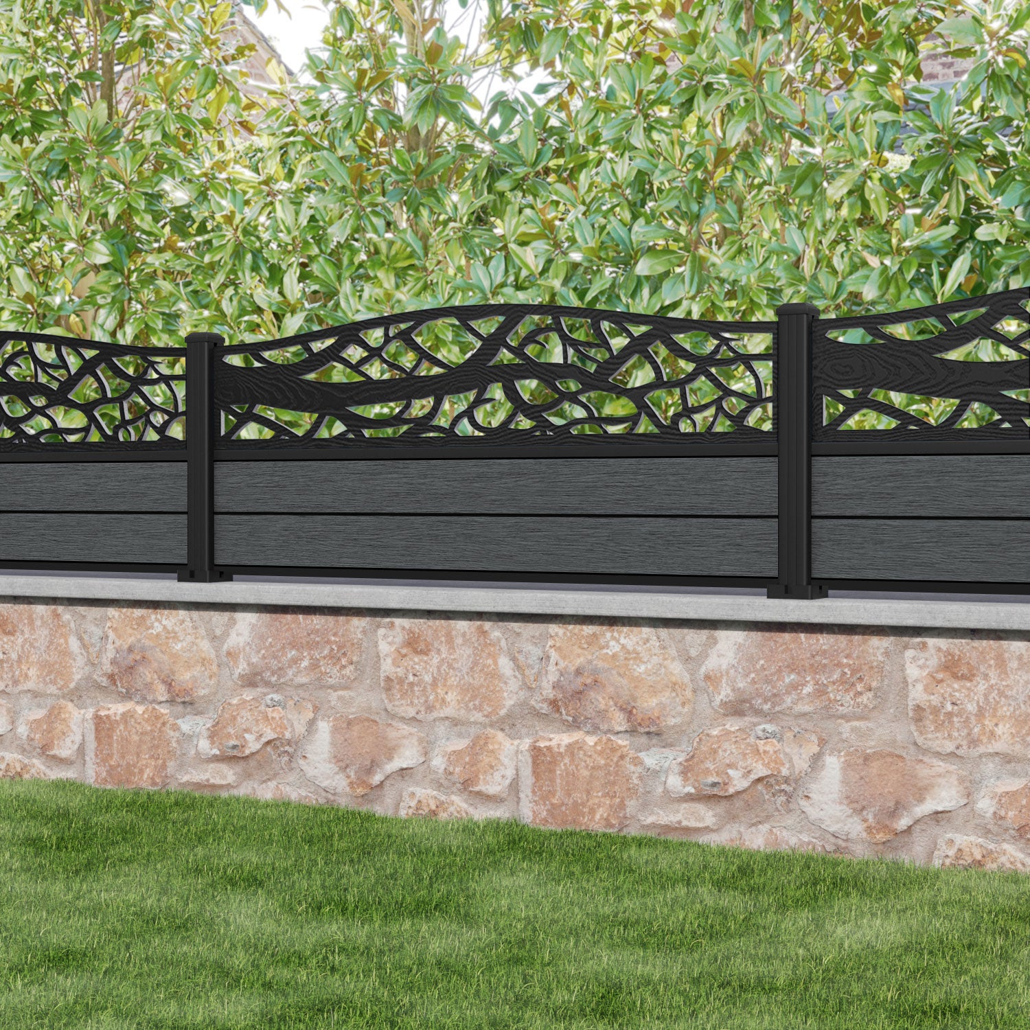 Fusion Twilight Curved Top Fence Panel - Dark Grey - with our aluminium posts