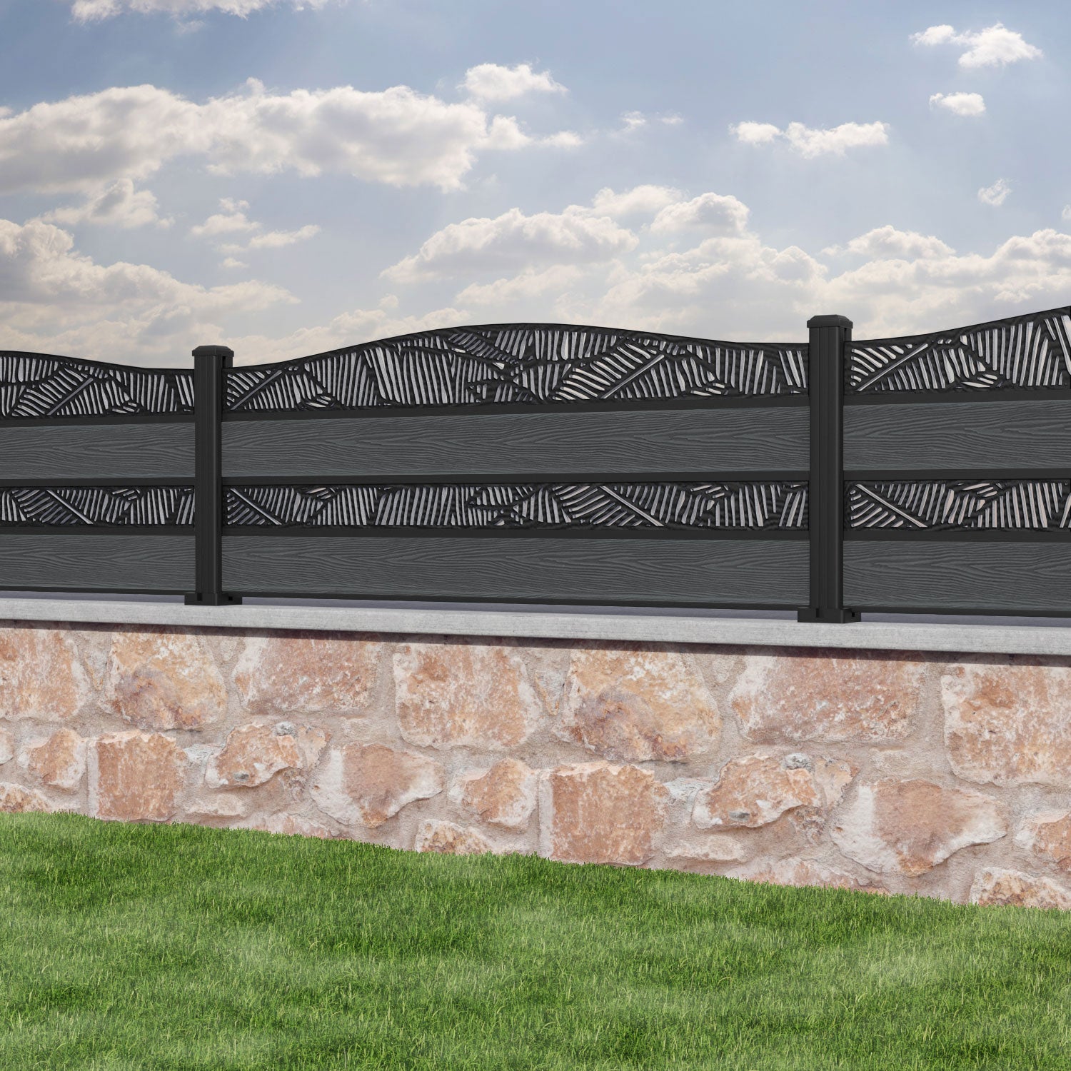 Classic Feather Curved Top Split Screen Fence Panel - Dark Grey - with our aluminium posts