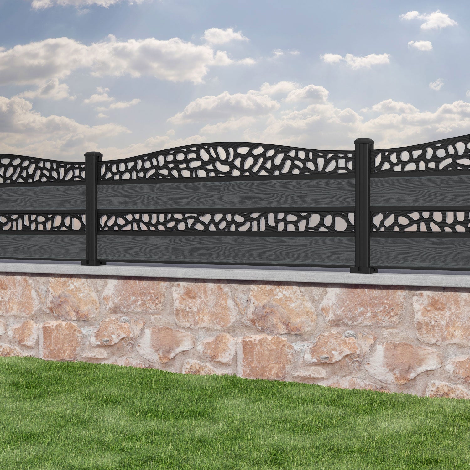 Classic Pebble Curved Top Split Screen Fence Panel - Dark Grey - with our aluminium posts