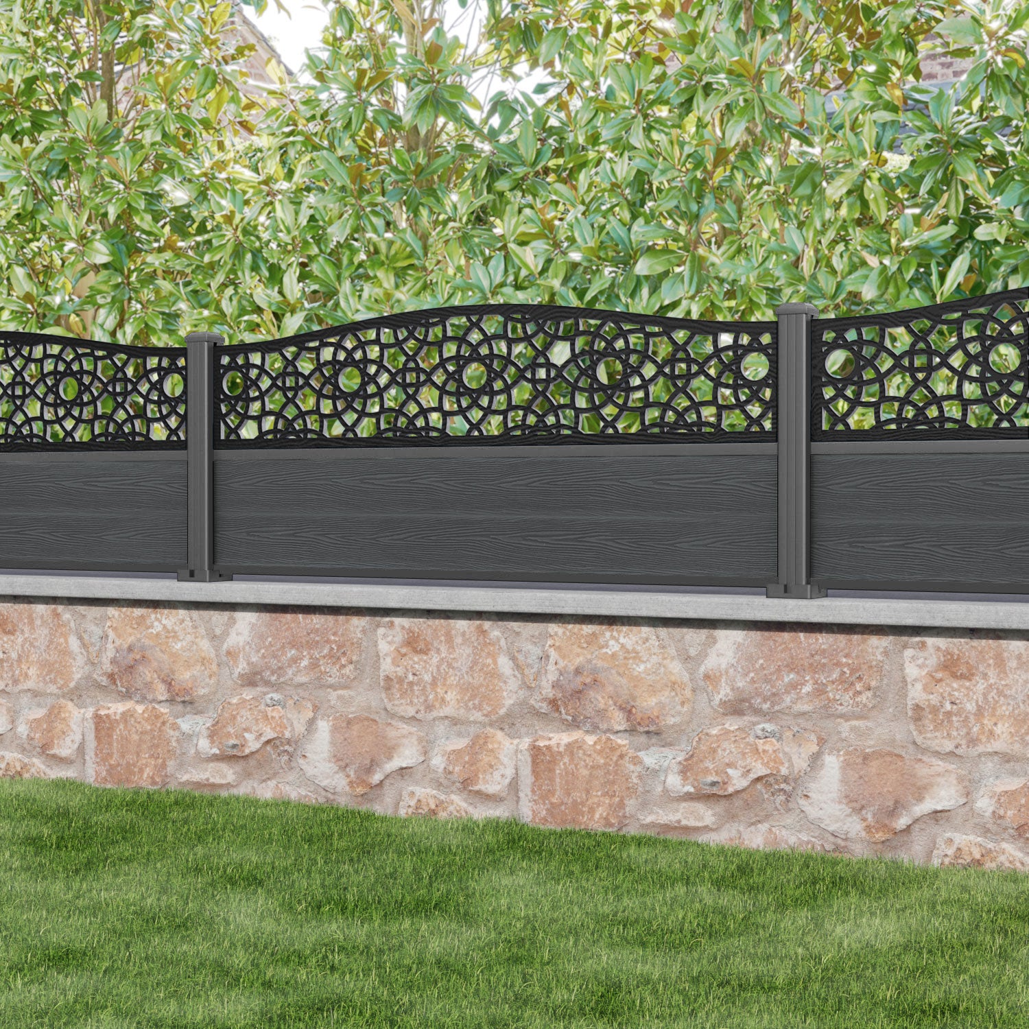 Classic Ambar Curved Top Fence Panel - Dark Grey - with our aluminium posts