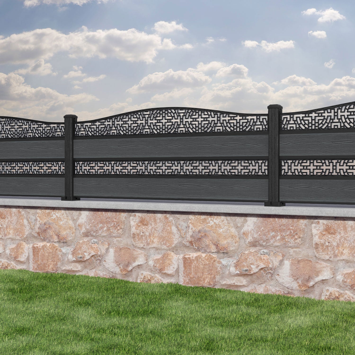 Classic Kumo Curved Top Split Screen Fence Panel - Dark Grey - with our composite posts