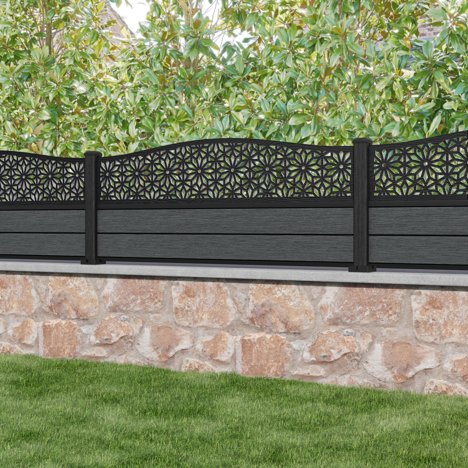 Fusion Narwa Curved Top Fence Panel - Dark Grey - with our composite posts