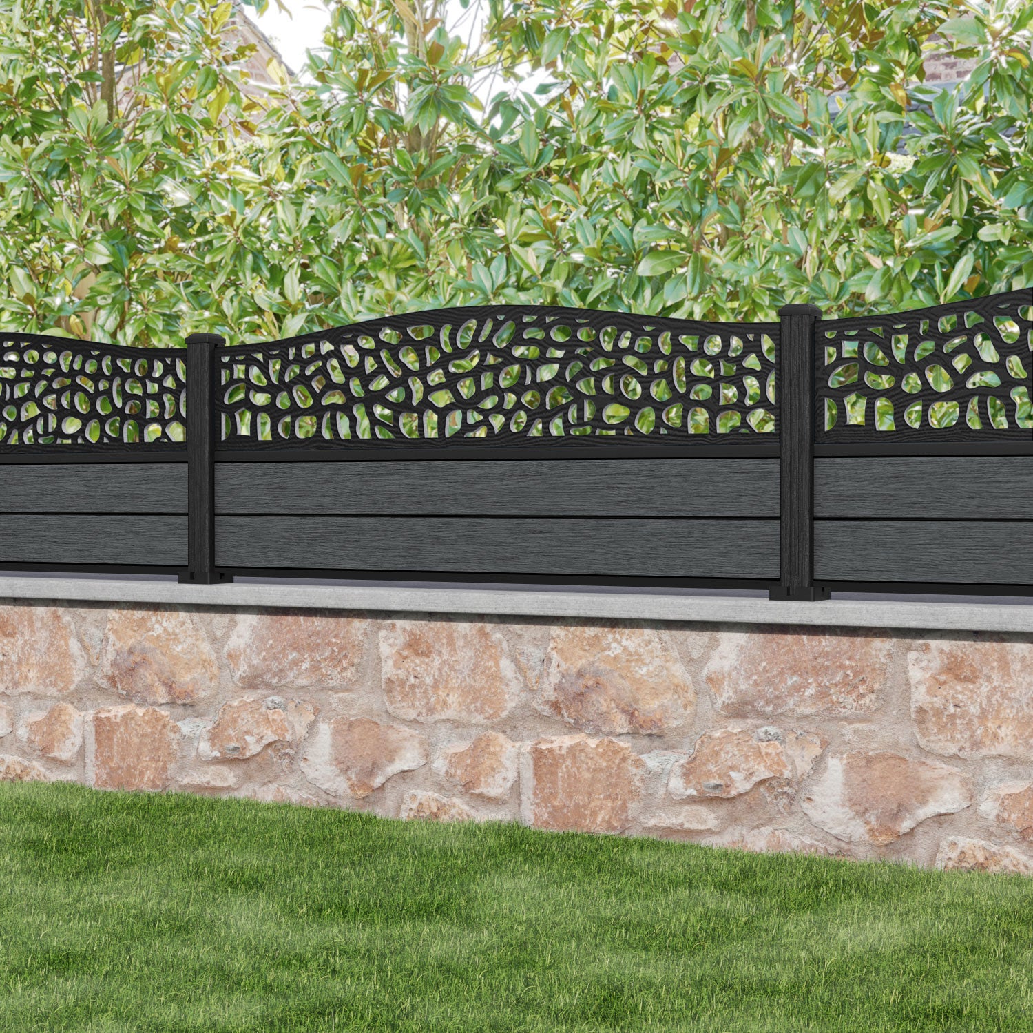 Fusion Pebble Curved Top Fence Panel - Dark Grey - with our composite posts