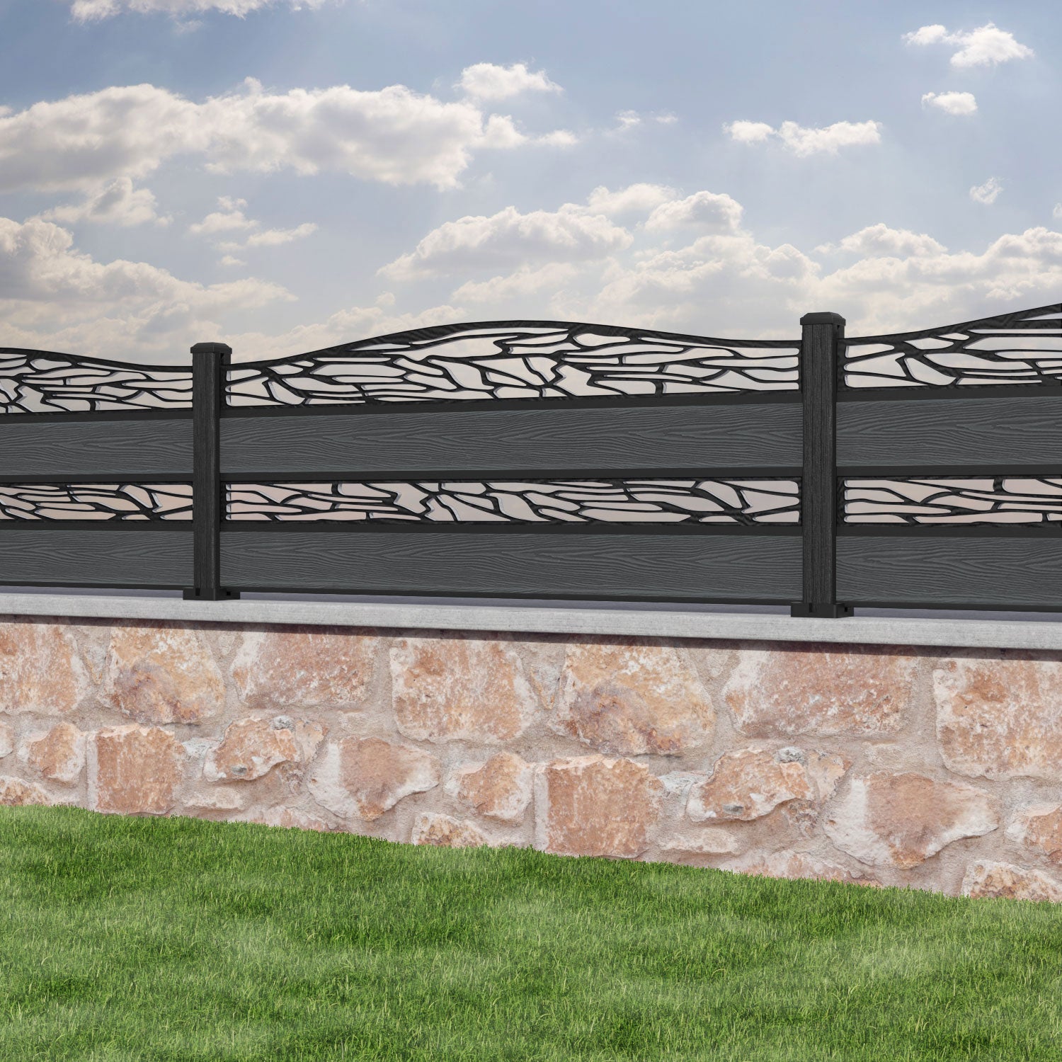 Classic Shatter Curved Top Split Screen Fence Panel - Dark Grey - with our composite posts